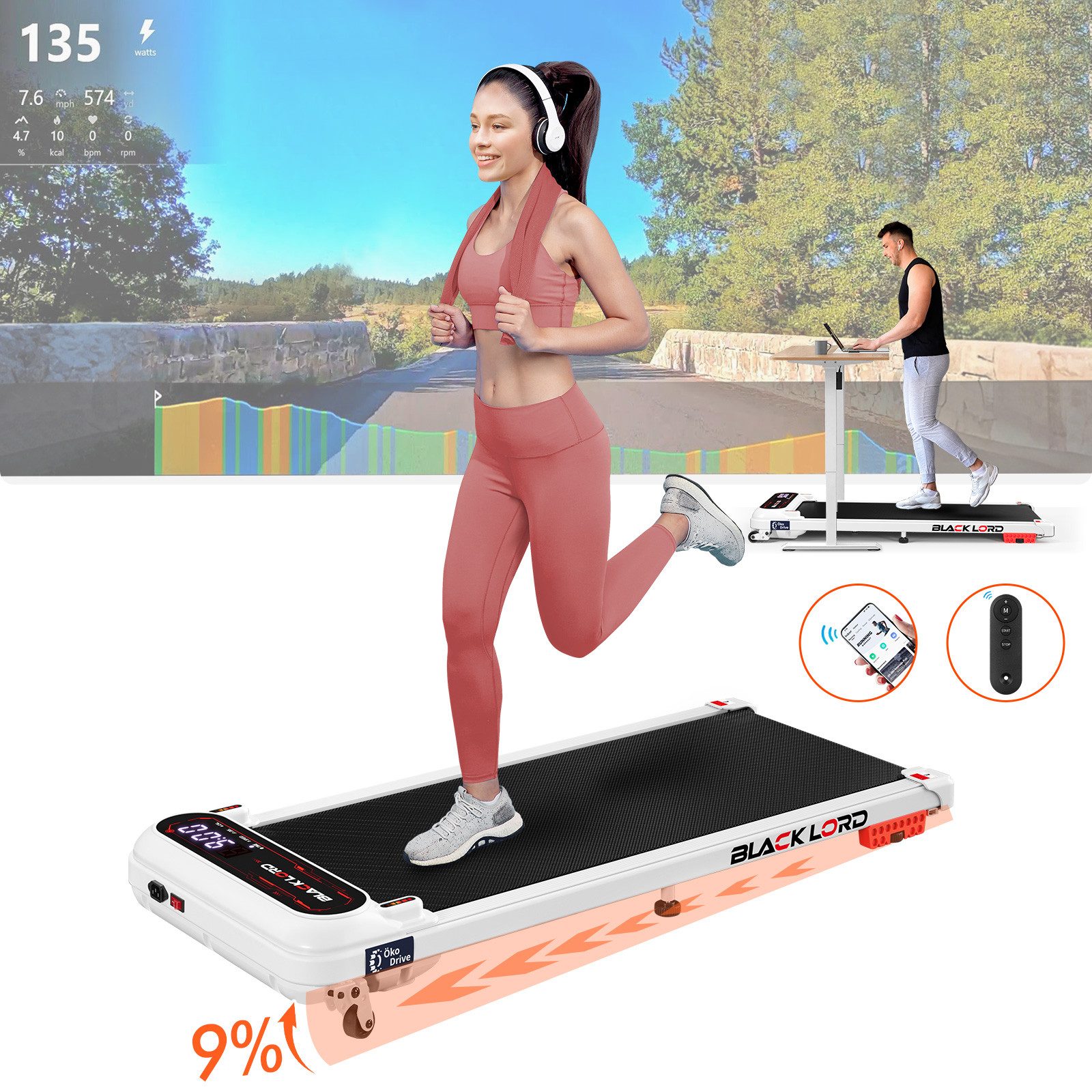 BLACK LORD Laufband 3,0PS Motor, 12 km/h, mit Steigung, Bluetooth App Steuerung, 390mm, 3 Stufen Neigung, LED Display, Fernbedienung, Untertisch
