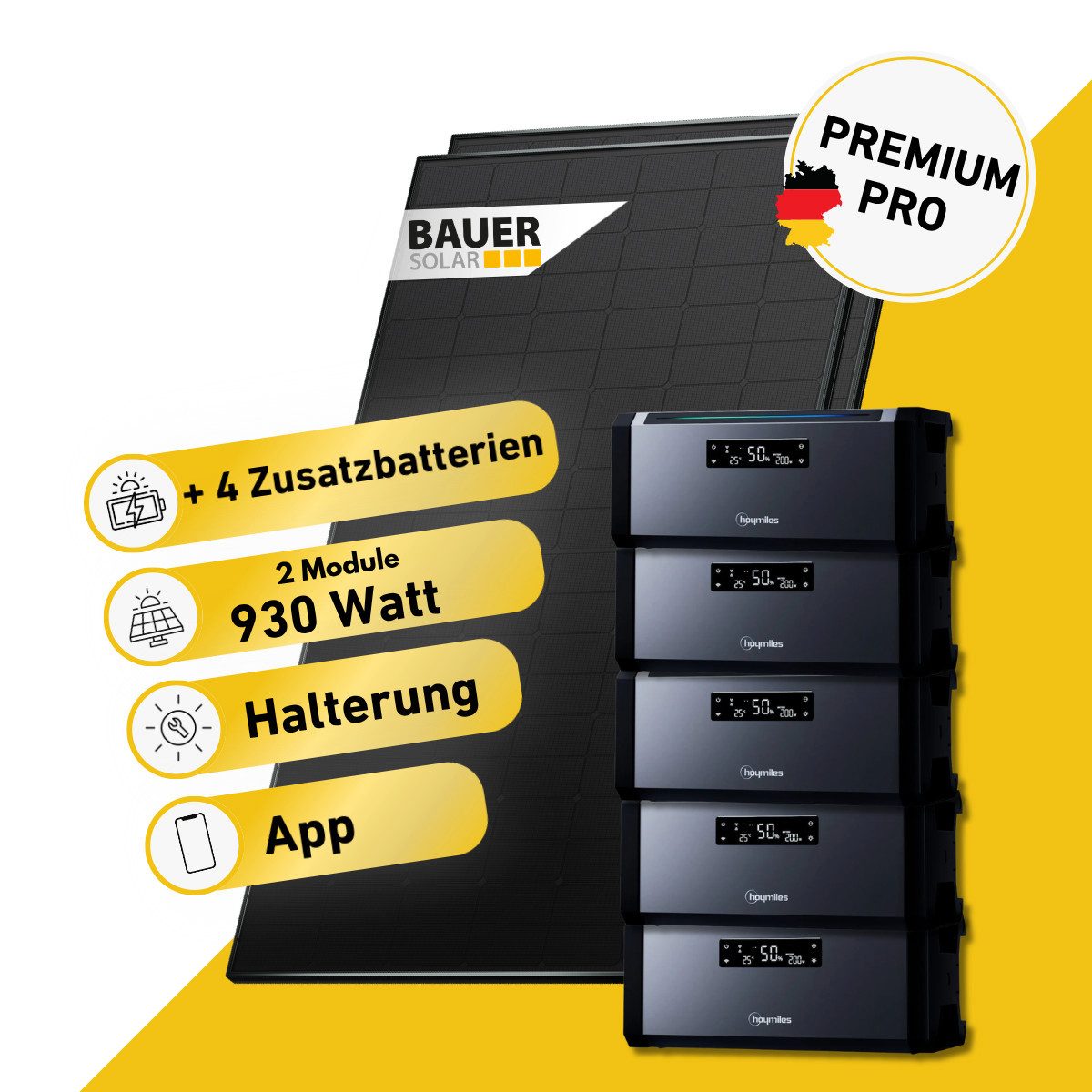 Balkonstrom Balkonkraftwerk PREMIUM Pro 930 Watt Solaranlage mit Speicher Komplettset Bifazial, 930 W, Monokristallin, (2x BAUER Solarmodul á 465 Watt, 1x Hoymiles HiBattery 1920 AC, 1-5 Zusatzspeicher Hoymiles HiBattery), Halterung für Dach, Fassade, Balkon & Garten, App & Plug&Play DE