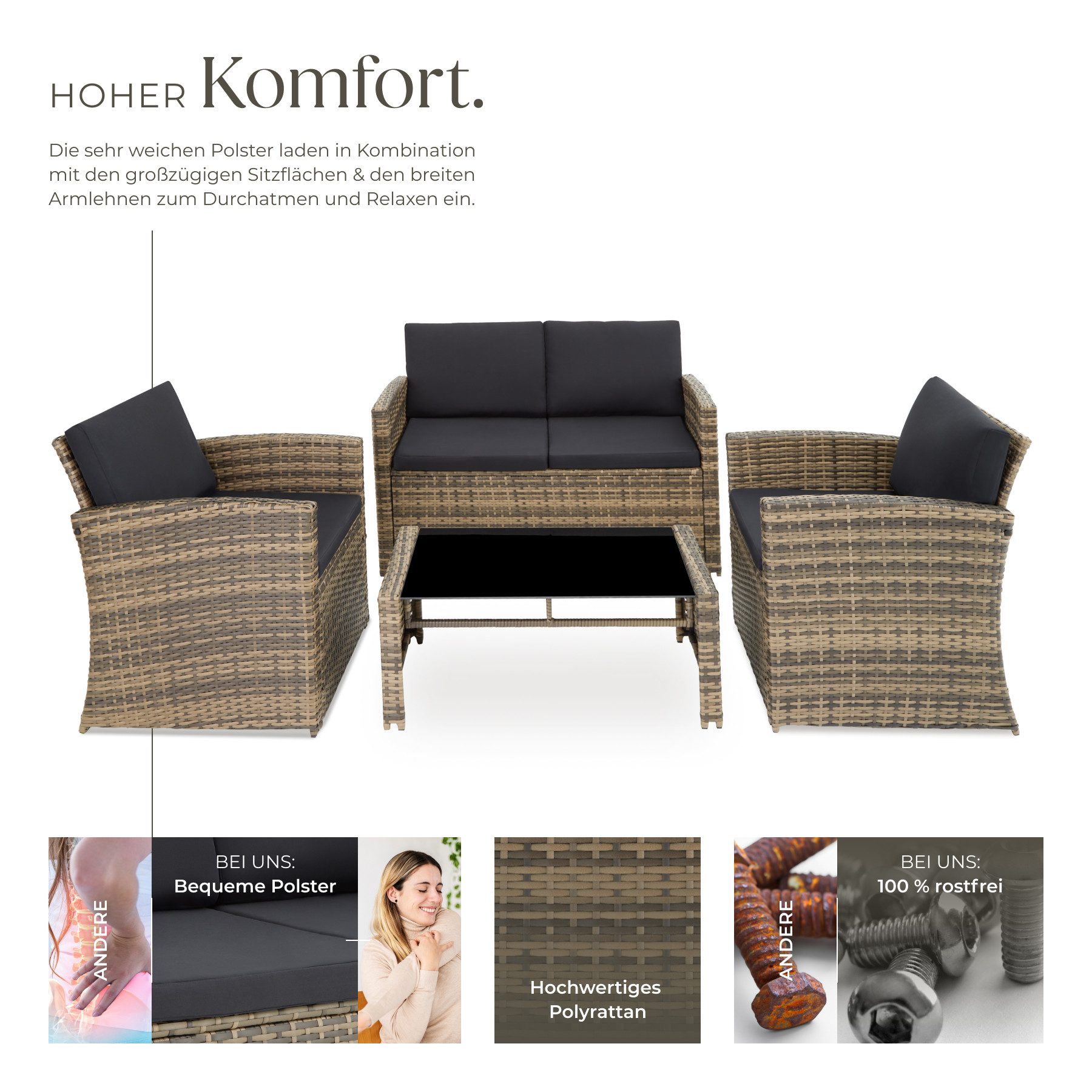 tectake Loungeset Rattan Sitzgruppe mit Sicherheitsglasplatte, für 4 Personen, (Gartenlounge-set Jesolo, 5-tlg., geeignet für Outdoor in Natur/Dunkelgrau), widerstandsfähig und UV-beständig, geschwungenes Design