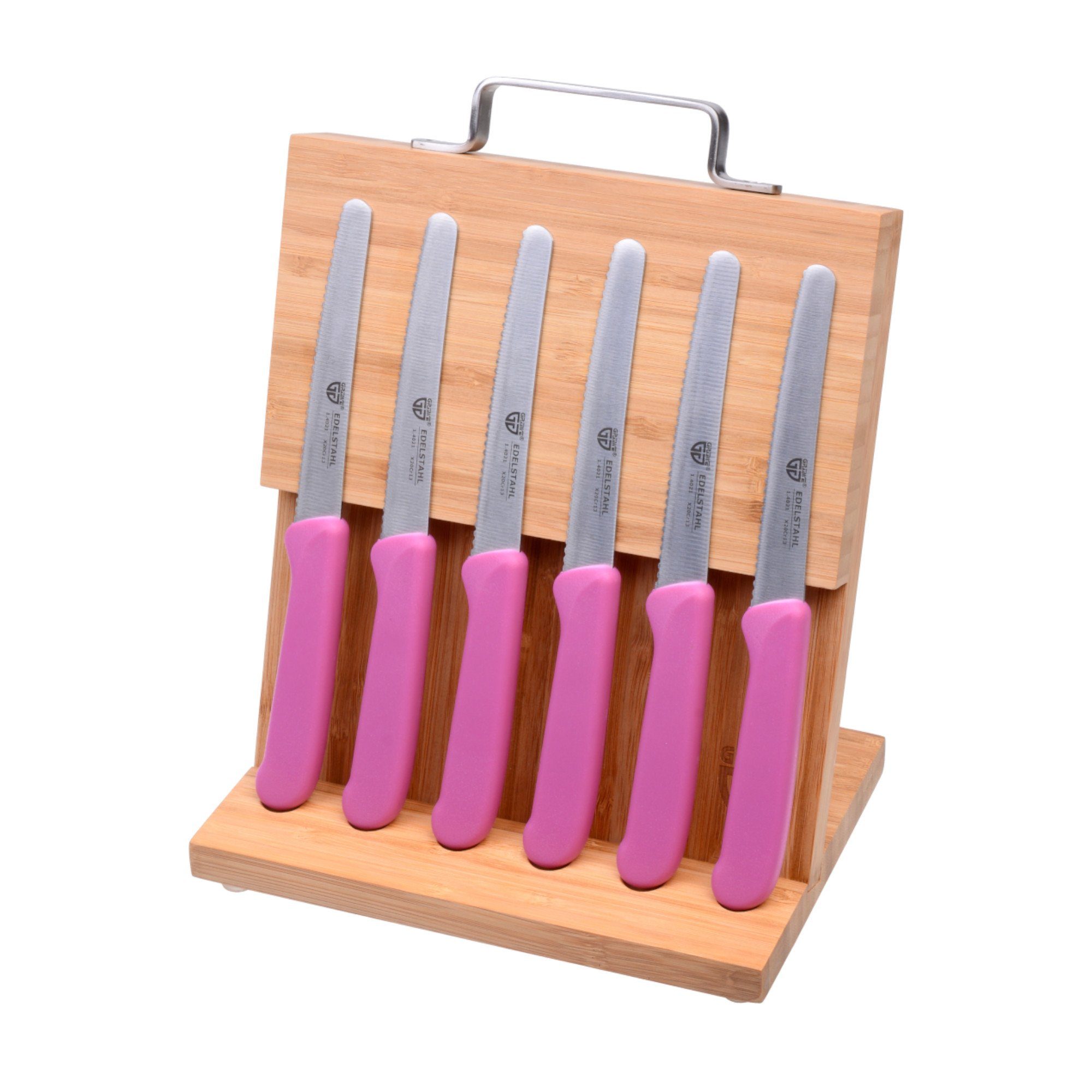 GRÄWE Messerblock Magnet-Messerhalter Bambus Natur mit Brötchenmessern klein Pink