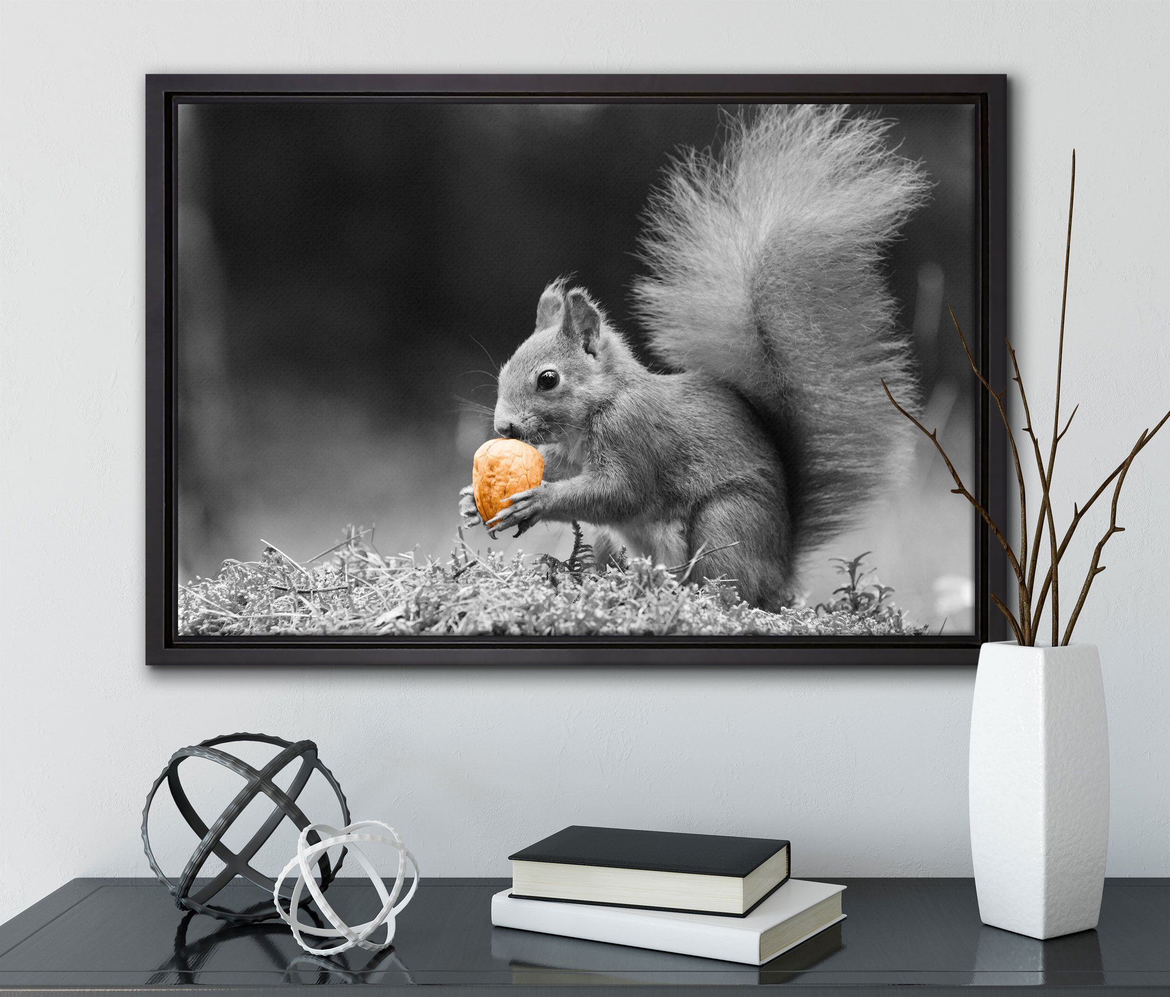 Pixxprint Leinwandbild niedliches Eichhörnchen Nuss, Leinwandbild inkl. bespannt, Schattenfugen-Bilderrahmen fertig gefasst, in (1 Zackenaufhänger einem Wanddekoration mit St)