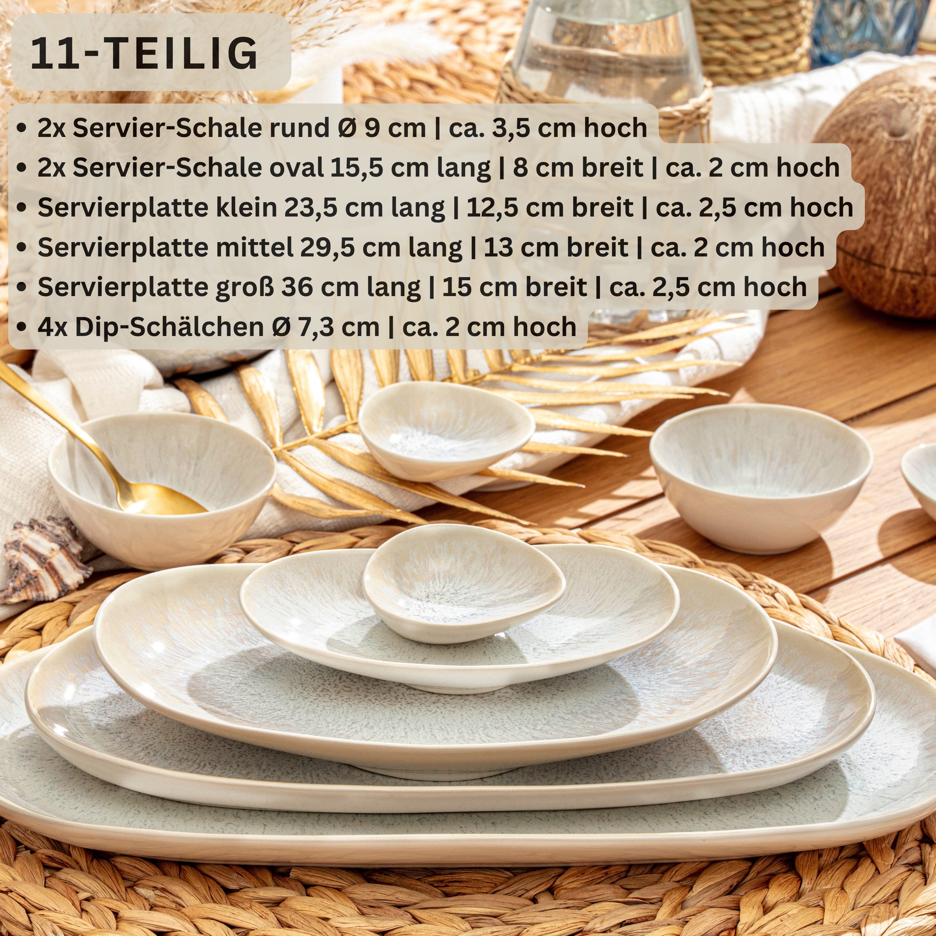 SÄNGER Geschirr-Set Korfu Geschirrset (12, 16, 24, 36 Teile) (11-tlg), 6 Personen, Steingut, Servierplatten Set, Creme Beige, Handmade, Premium Collection