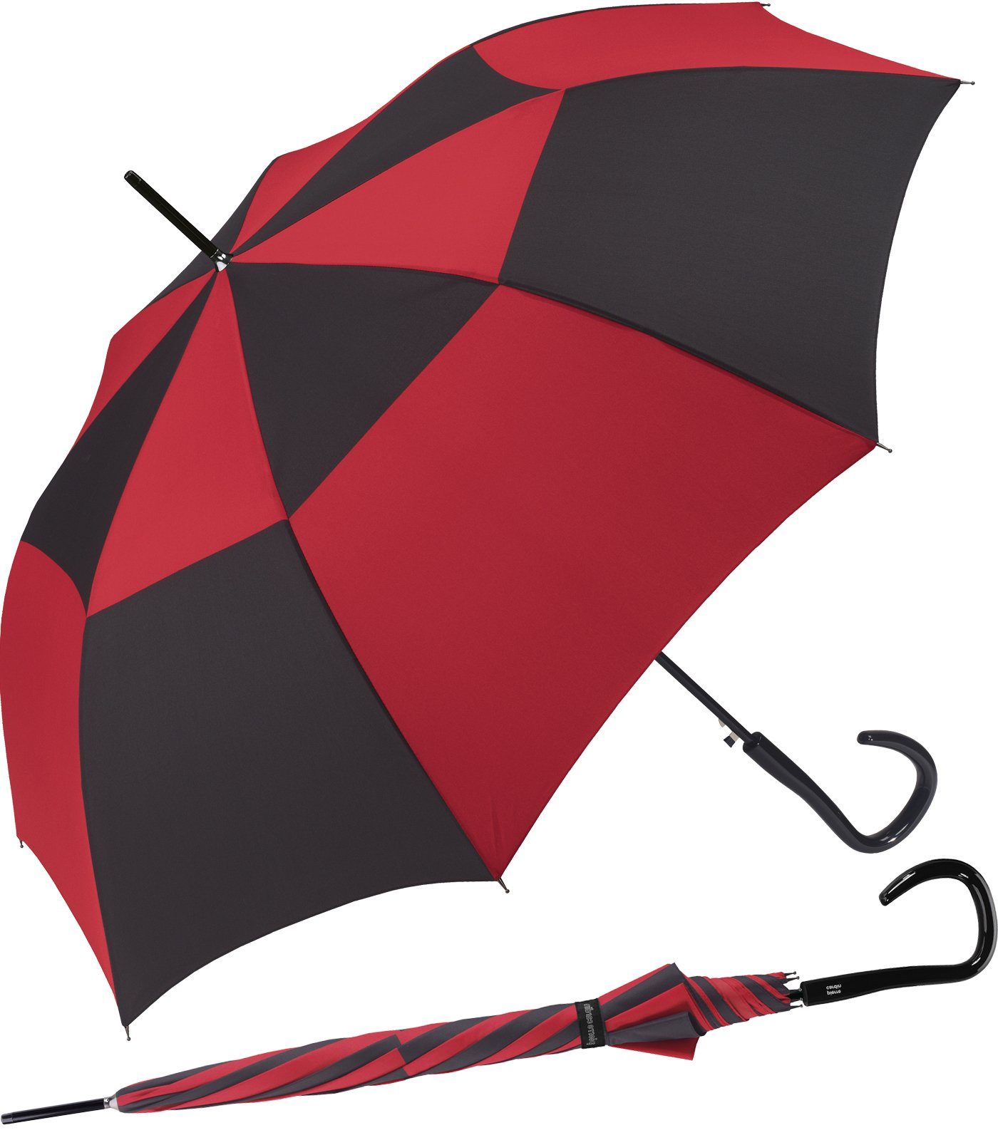 Pierre Cardin Langregenschirm großer Damen-Regenschirm mit Auf-Automatik, starke Kontraste auf einem eleganten Schirm rot-schwarz