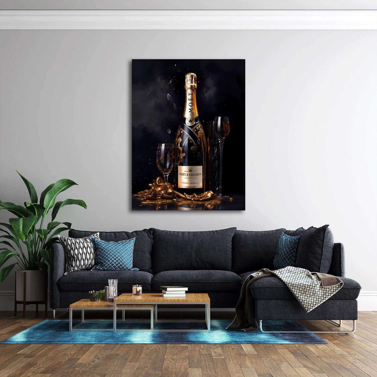 Artedinoi Leinwandbild Champagner Flasche Gold Luxus Leinwandbild Wandbild Kunstdruck XL Deko, Goldene Champagnerflasche