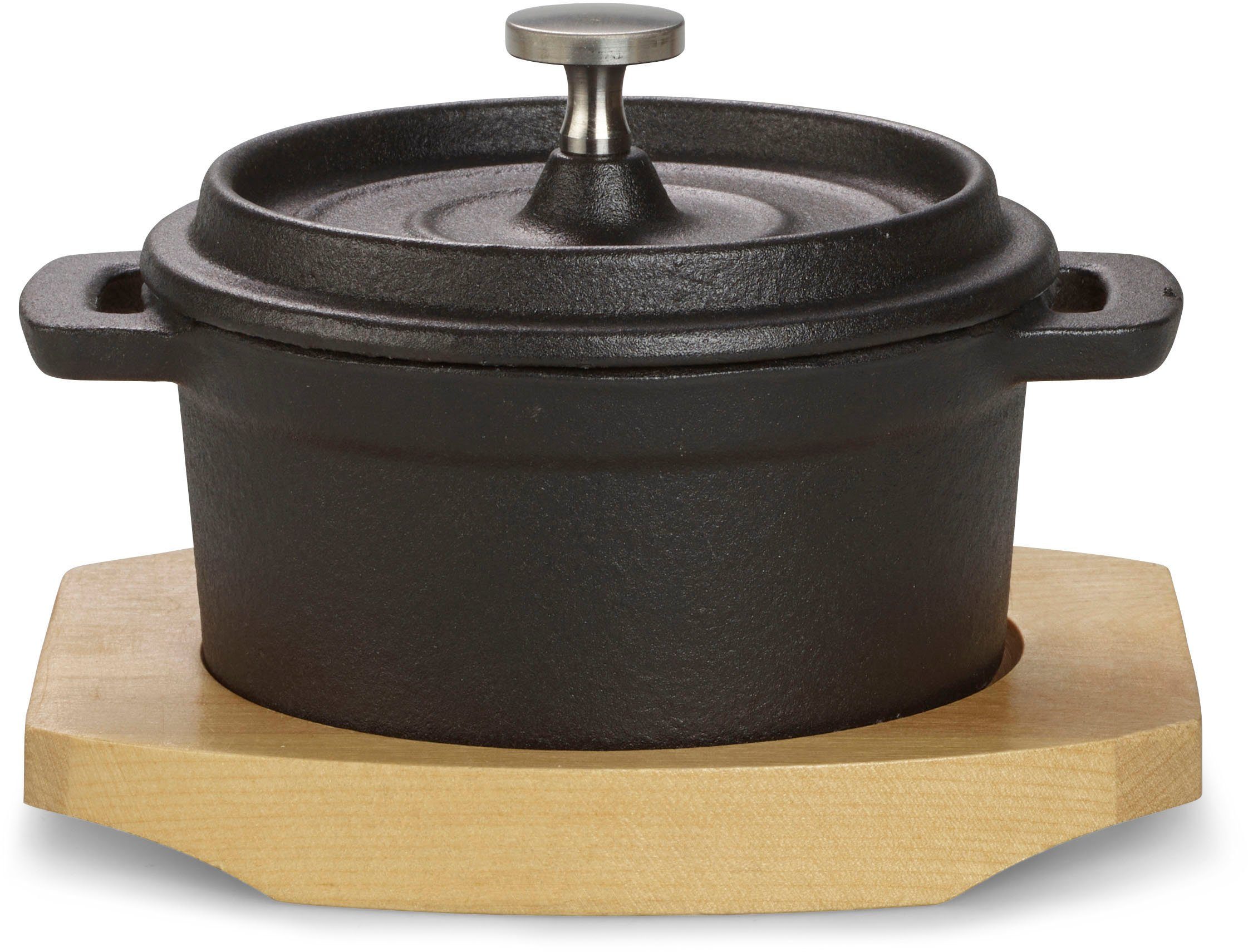 ECHTWERK Kochtopf Mini Cocotte, Emaille, Gusseisen, für Backöfen, Grill, BBQ, Induktion, mit Servierbrett, 200 ml, Ø 10 cm