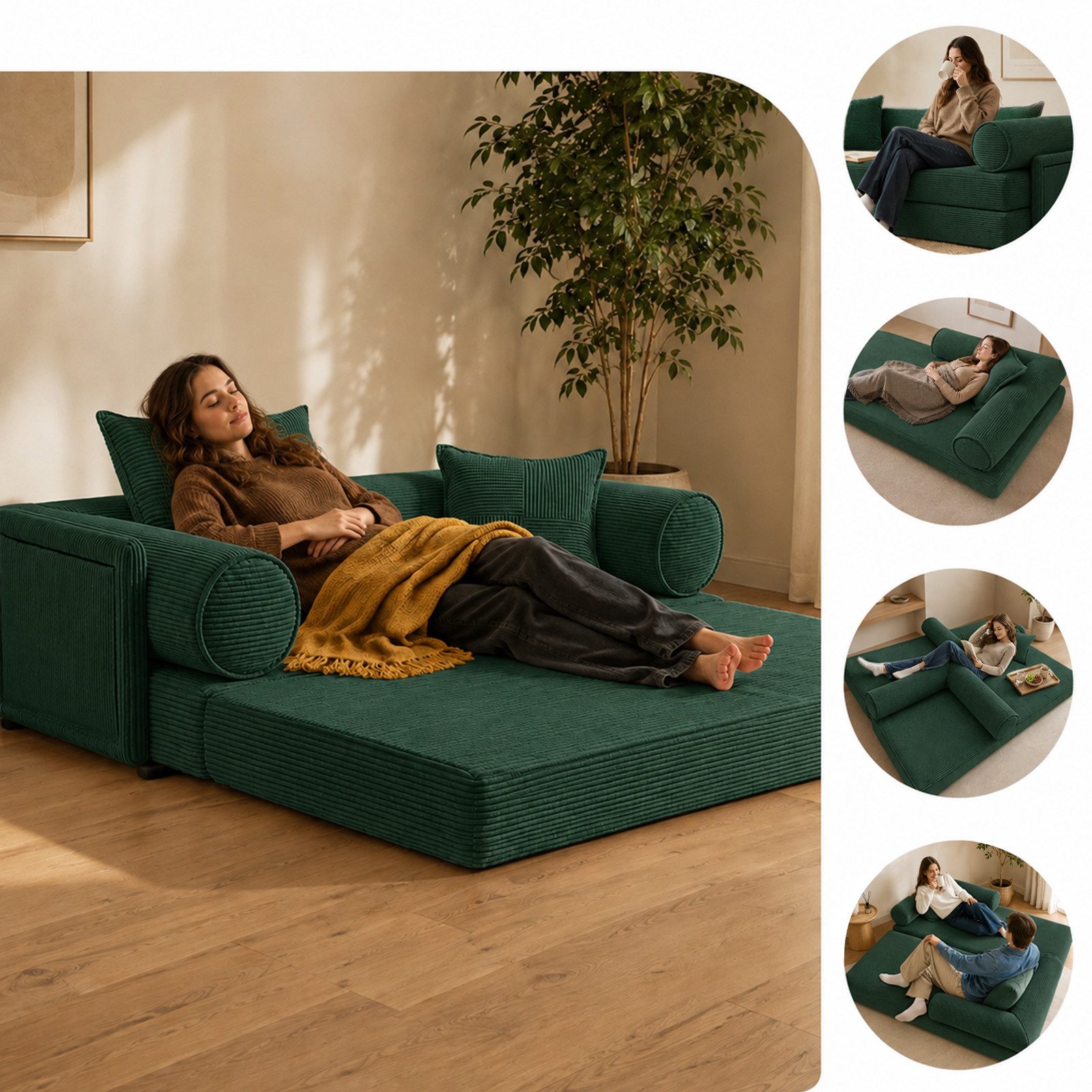 Hoolamyie Sofa 6-in-1 Cord Schlafsofa mit Schlaffunktion, 200 cm breit, 2-Sitzer, Modulares Sofa, ohne Montage, komprimiert verpackt, bis 200 kg – Bild 4 von 5