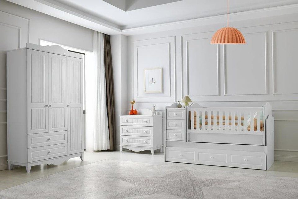 Xlmoebel Babyzimmer-Komplettset Modernes Babyzimmer-Set aus Holz in Weiß mit Bett und Stauraum, (Babyzimmer-Set, 3-tlg., 1x Schubladenbett; 1x Kommode; 1x Kleiderschrank), Made in Europa