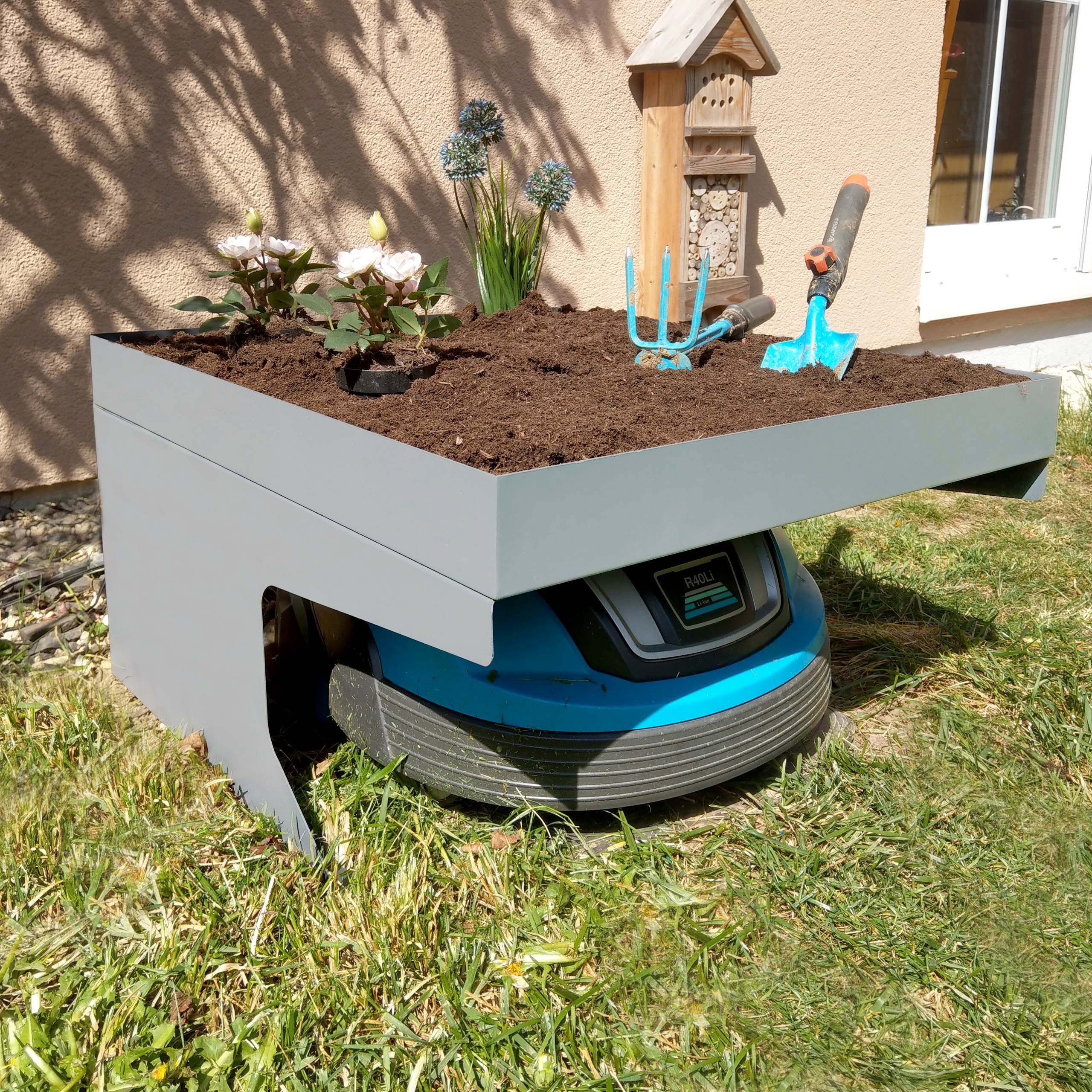 PROREGAL® Mähroboter-Garage mit Pflanzkasten & Erdhaken HxBxT 37x60x70cm Metall, BxTxH: 60x70x37 cm