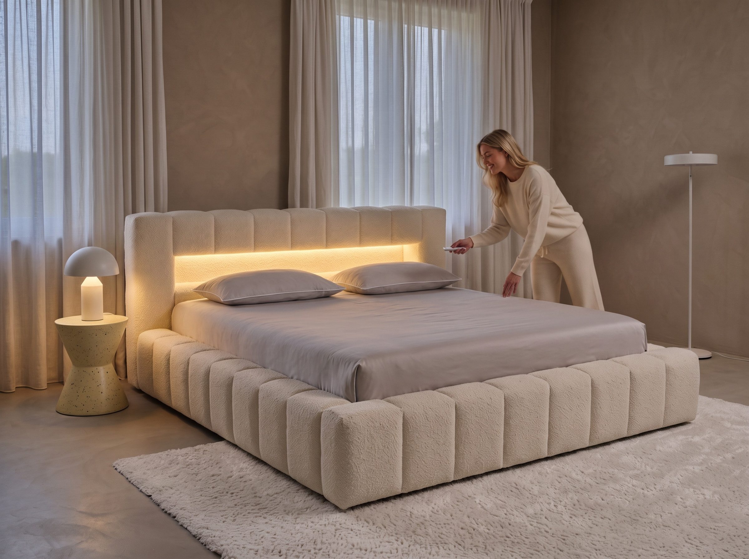 wonello Polsterbett Mira Lights (Komplett-Set), Bett mit LED, Bettkasten und Matratzen – eleganter Boucle-Stoff