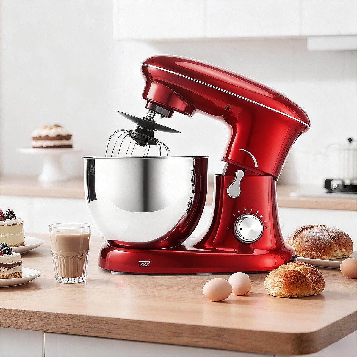 ZMH Küchenmaschine 1400W mit 5L Edelstahl-Rührschüssel Knetmaschine/Teigmaschine, 1400 W, 5 l Schüssel, mit Knethaken Rührbesen Schneebesen, Schüsseldeckel als Spritzschutz