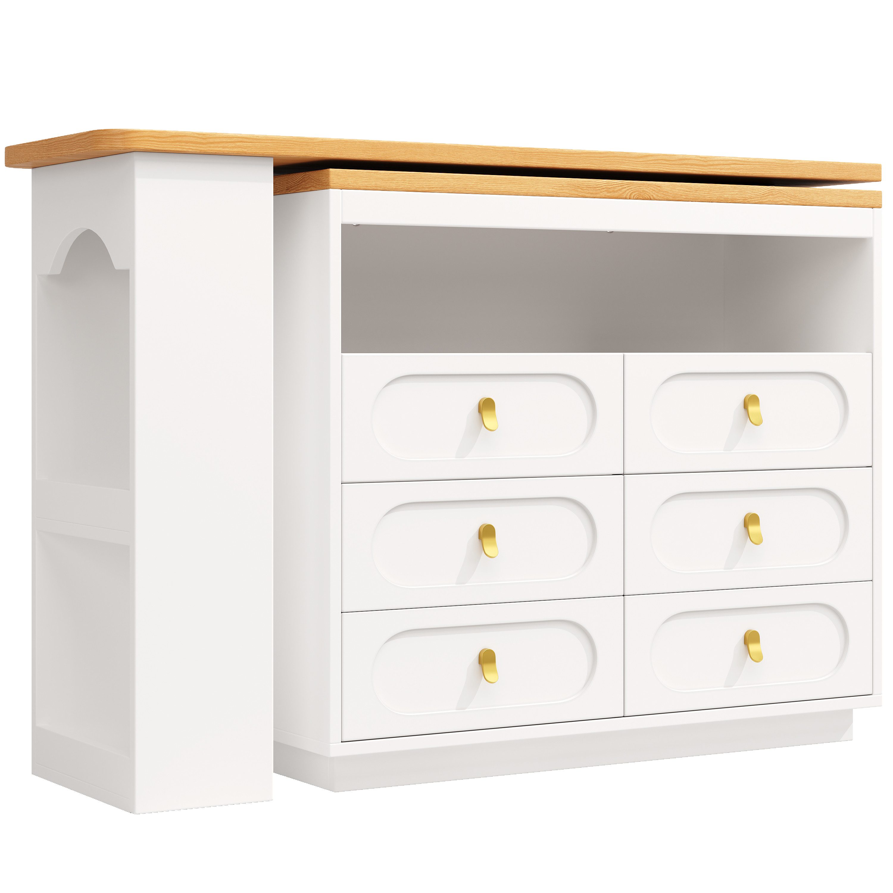 Flieks Bartisch Kommode mit 360° drehbarer Stehtisch (Arbeitsplatte Länge 137-203 cm, 2-St., 2er Set), schwenkbar Esstisch & Sideboard mit 6 Schubladen und Ablagen Weiß