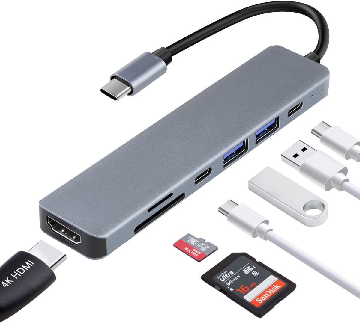 neue dawn Laptop-Dockingstation 7 Port USB C Hub 4K HDMI 85W PD für Macbook iPhone Samsung iPad, (85W Schnellaufladung)
