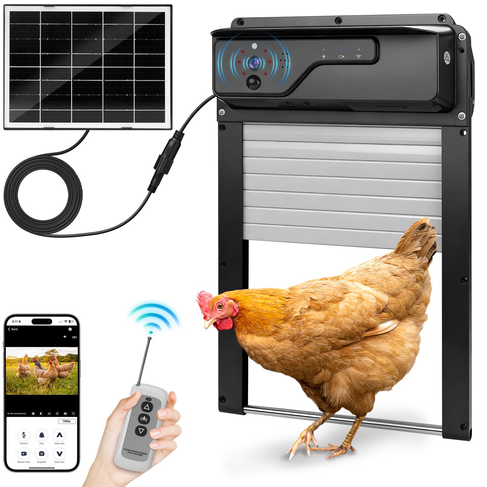 XERSEK Hühnerstall Automatische Hühnerklappe mit Solar, APP-Echtzeitsteuerung über WLAN, Kamera, 5000mAh Akku, Fernbedienung Lichtsensor Anti-Klemm, Hühnertür