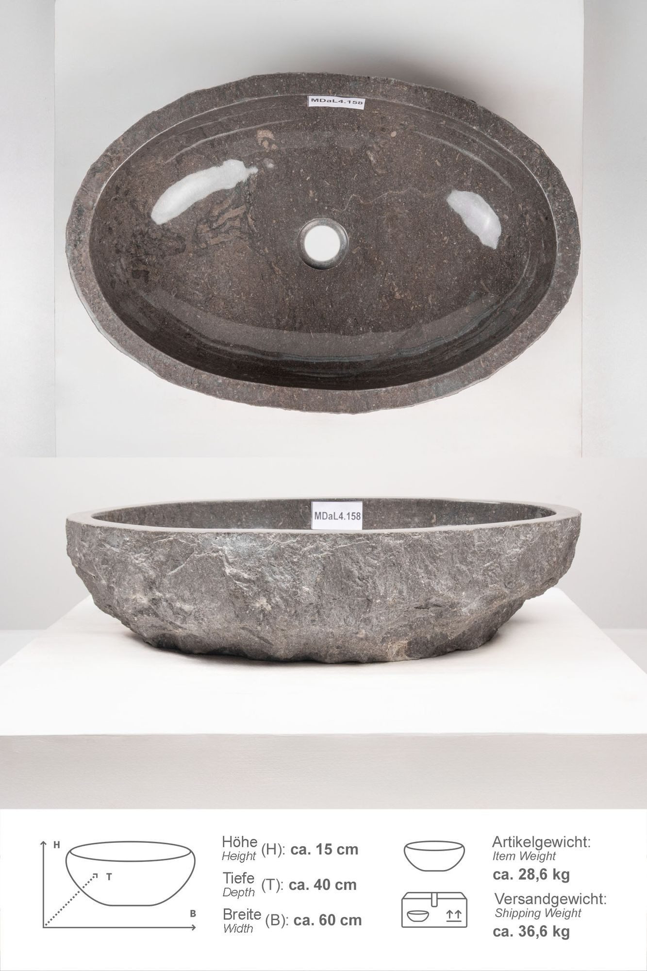 wohnfreuden Aufsatzwaschbecken Erosi Marmor Waschbecken 60 cm grau (Kein Set), 125591_MDaL4.158