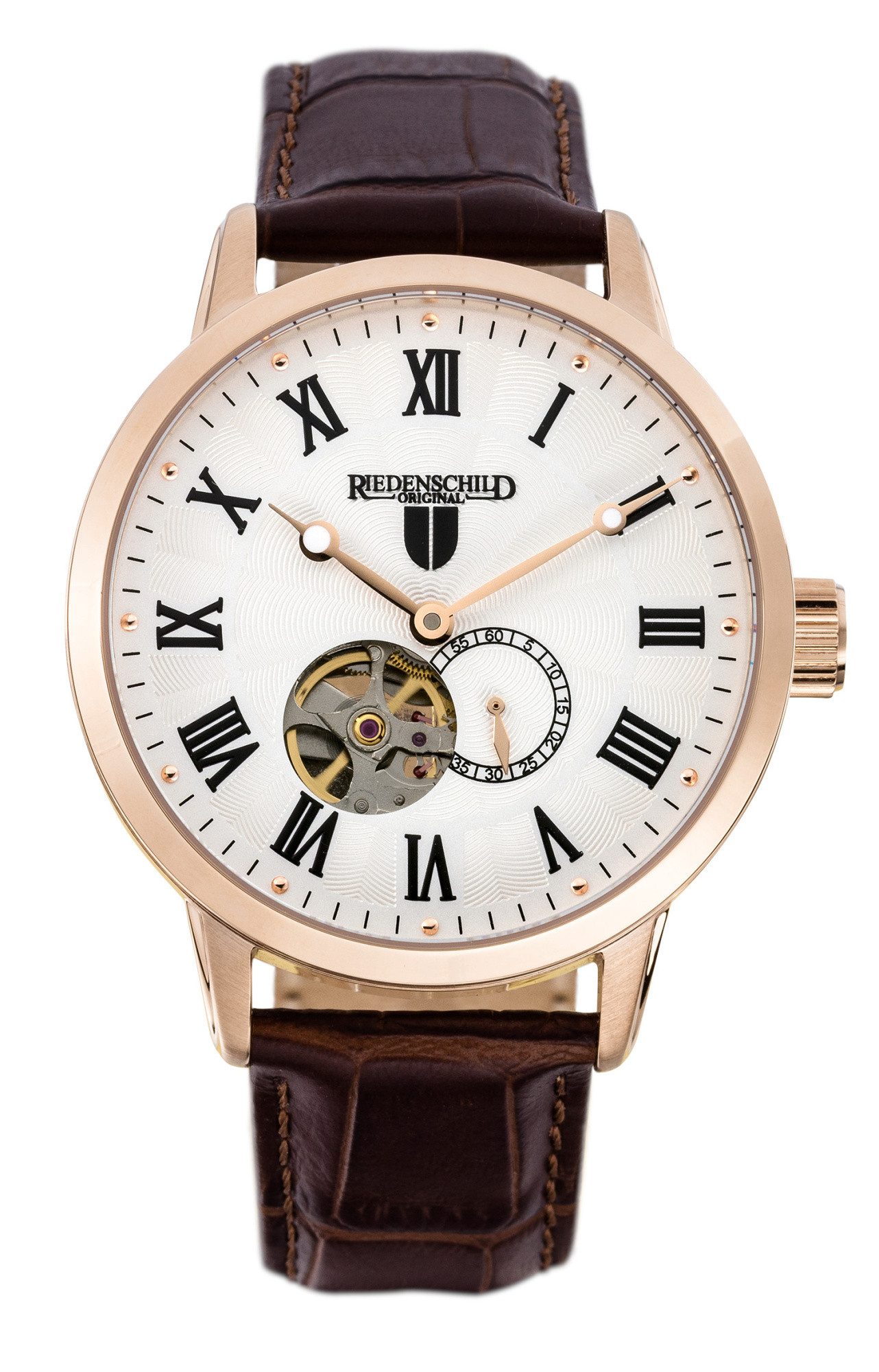 Riedenschild Automatikuhr RS7601-04 – IP-Rosé – Weißes Zifferblatt – Lederband Braun – 42 mm