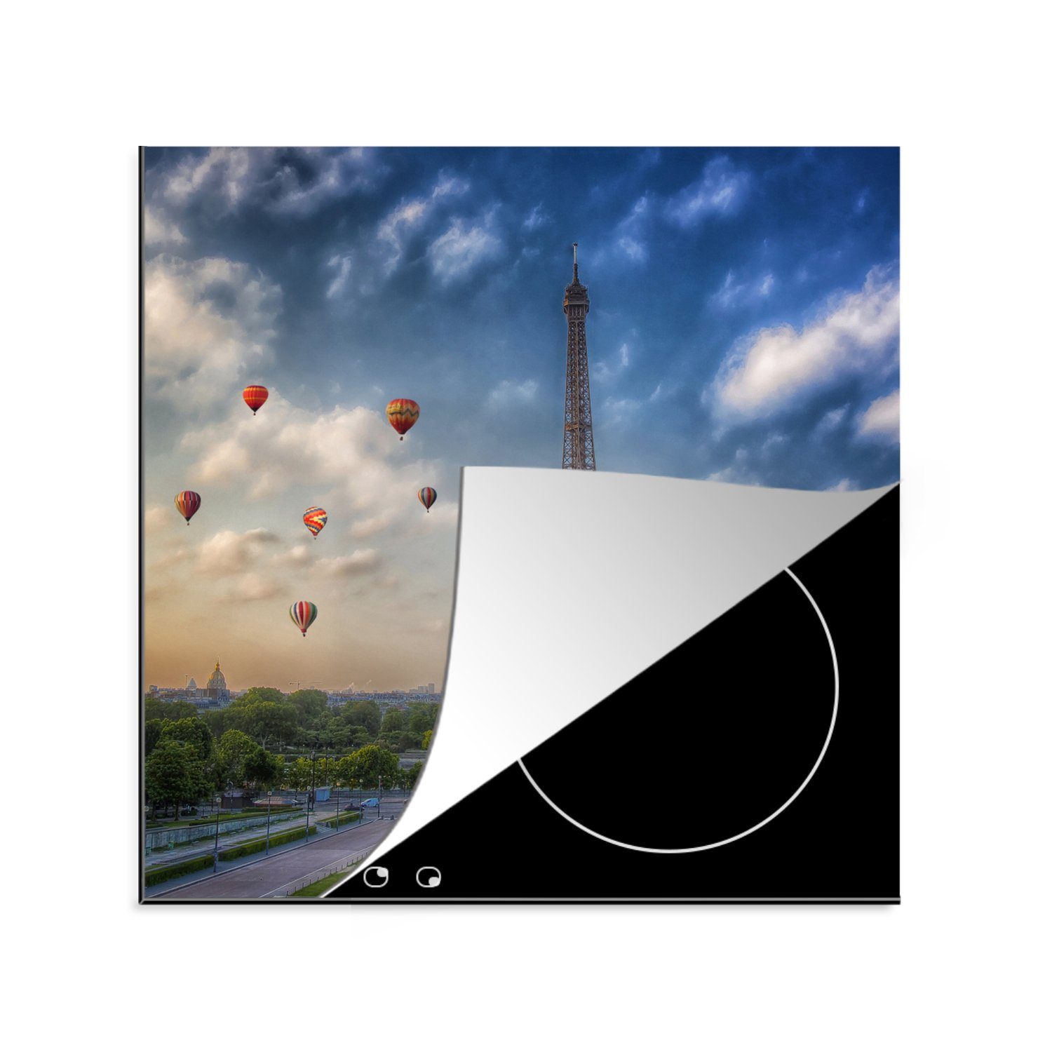 MuchoWow Herdblende-/Abdeckplatte (1 cm, für 78x78 Arbeitsplatte Eiffelturm Heißluftballon - küche Wolken, Vinyl, tlg), Ceranfeldabdeckung, 