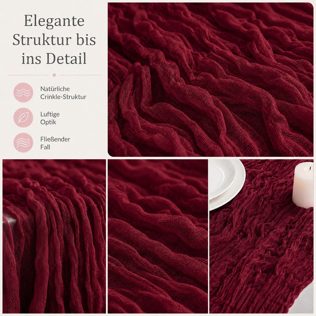 JASLIFE Tischläufer Käsetuch Gaze im boho deko herbst tischläufer (10-tlg, 55 x 300 cm, 90 x 300 cm), Natürliche Faltenstruktur, weich fallend, vielseitig dekor – Bild 5 von 5