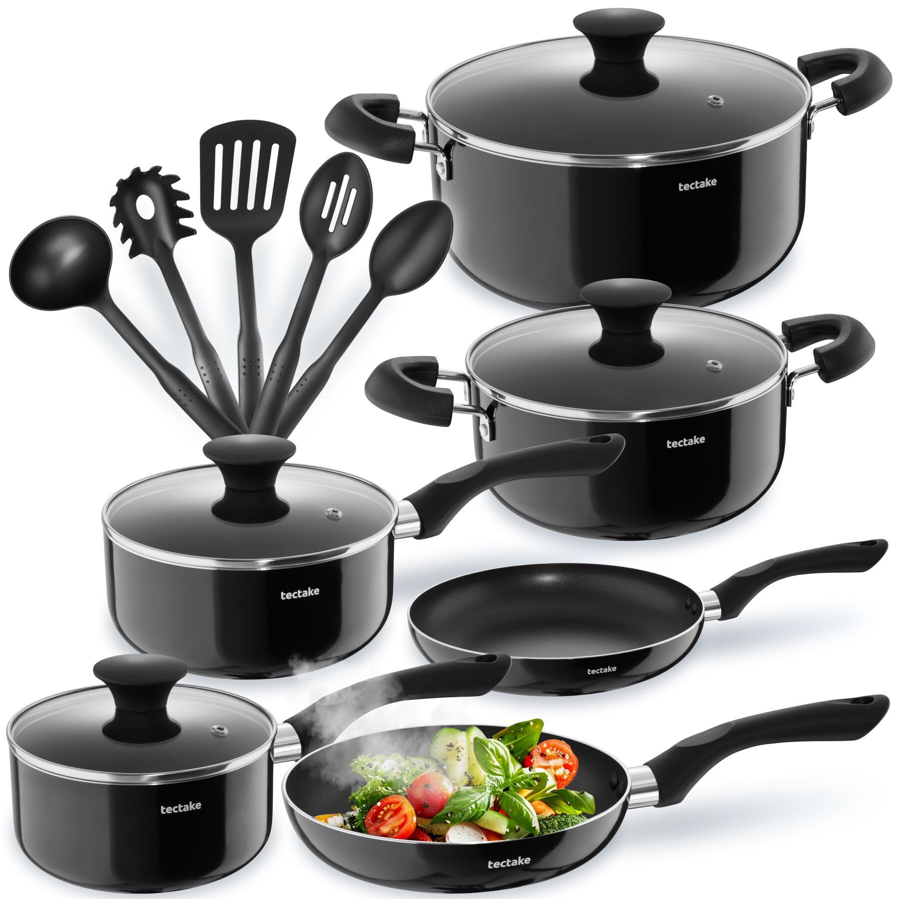 tectake Topf-Set Kochgeschirrset aus Aluminium mit Antihaftbeschichtung, Aluminium (Topfset Aluminium Varese, 15-tlg., in Schwarz, für Induktionsherde geeignet), Inkl. Küchenwerkzeuge und hitzebeständige Griffe