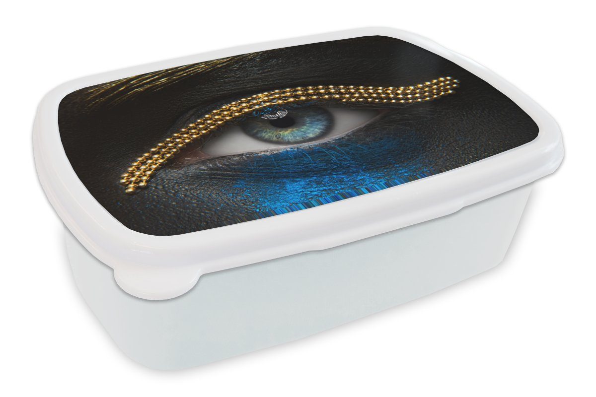 MuchoWow Lunchbox Frau - Augen - Make-up - Luxus - Gold, Kunststoff, (2-tlg), Brotbox für Kinder und Erwachsene, Brotdose, für Jungs und Mädchen weiß