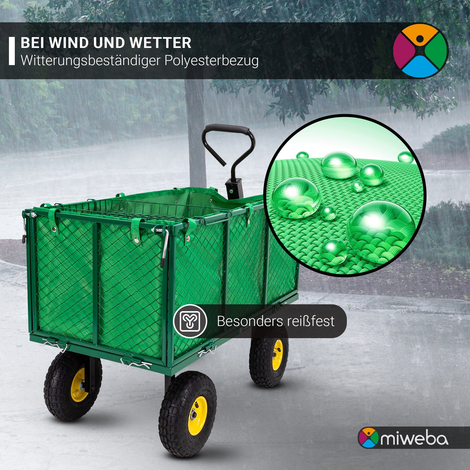 miweba Bollerwagen Gartenwagen Transportkarre MB-550 (deichselgeführte Lenkachse, Anhängerfunktion, Bordwände klapp- und abnehmbar, Luftreifen, 1-tlg., 550 KG Traglast - 190 L Volumen - Klappbare Wände - Kippbar), Transportwagen - Gartenkarre- Gartenwagen - Schubkarre