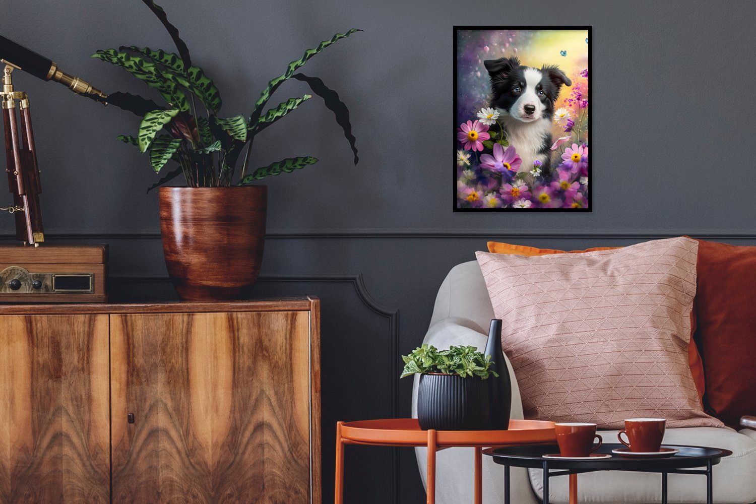 MuchoWow Poster Hund - Blumen - Natur - Welpe - Border Collie, (1 St), mit Rahmen, Kunstdruck, Gerahmtes Poster, Schwarzem Bilderrahmen