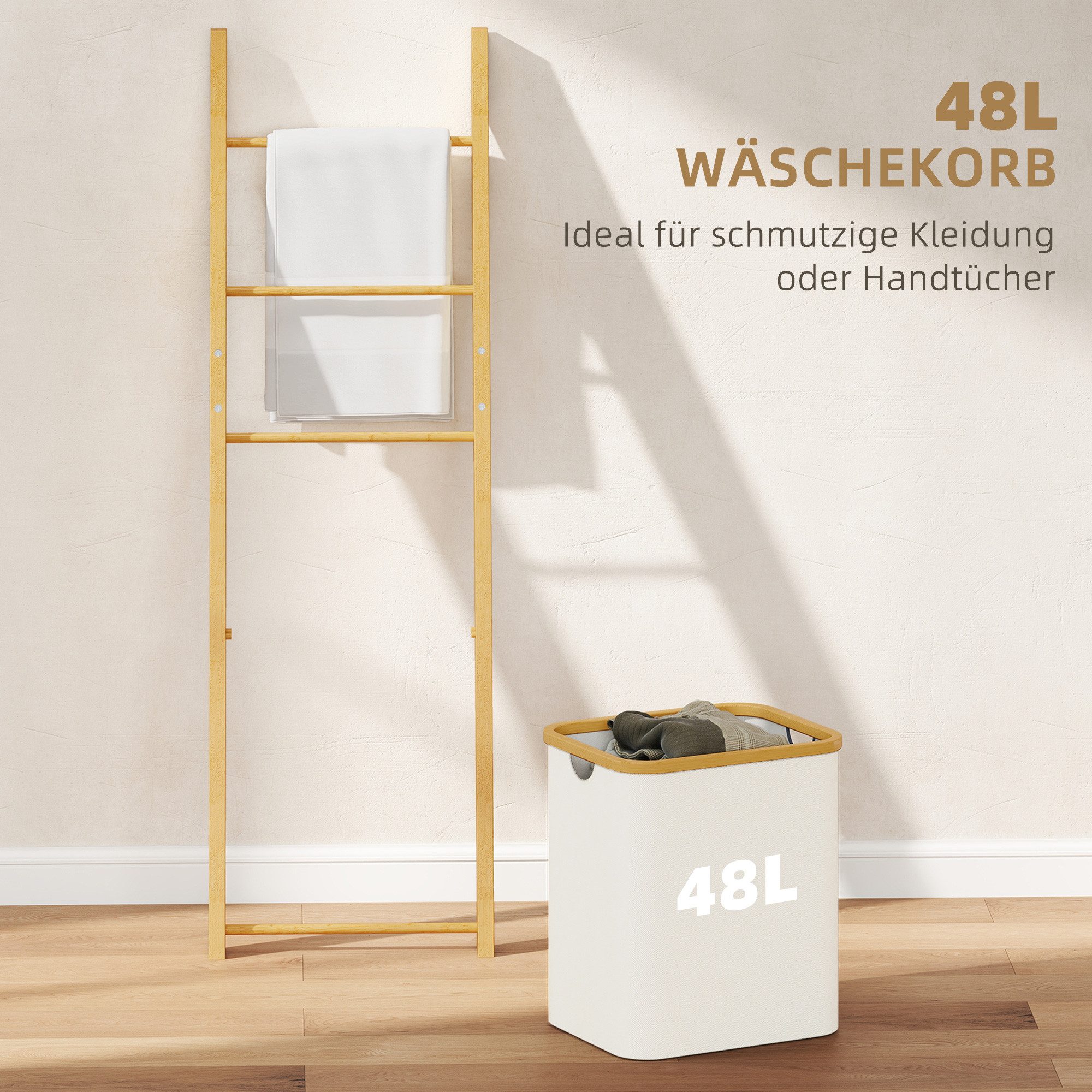 HOMCOM Badregal Handtuchhalter Handtuchständer mit 48L-Wäschekorb, Handtuchleiter, 2-in-1 Badezimmerregal 1-tlg., aus Bambus für Wohnzimmer, Badezimmer, Cremewe – Bild 5 von 5