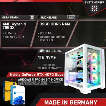 SYSTEMTREFF Gaming-PC (AMD Ryzen 9 7950X, GeForce RTX 4070 Super, 32 GB RAM, 1000 GB SSD, Wasserkühlung, Windows 11, WLAN)
