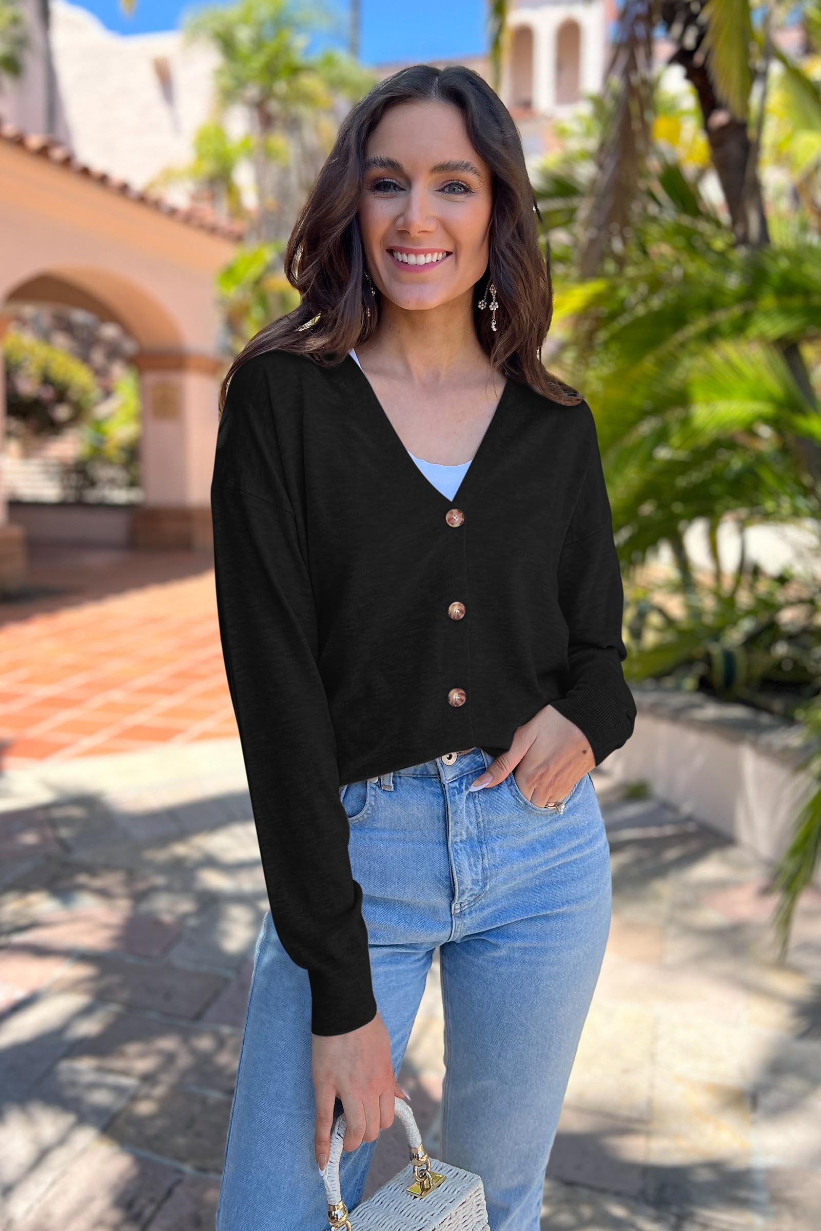 Arach&Cloz Strickjacke Damen Cardigan Strickmantel V-Ausschnitt Langarm mit Knöpfen für Frühling Herbst – Bild 5 von 5
