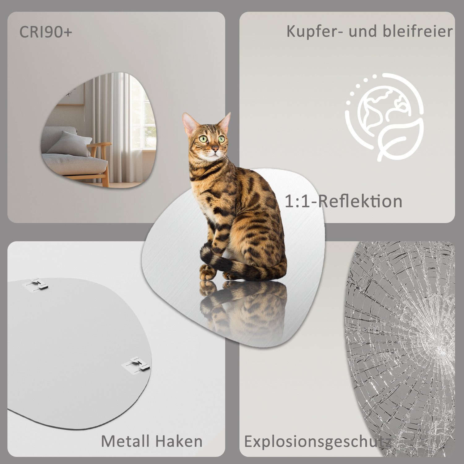Boromal Dekospiegel groß Wandspiegel Flur gross Flurspiegel Kosmetikspiegel 80x80cm Stein (Schminkspiegel, Badspiegel asymmetrisch Modern, mit Metall Haken), 5mm Kupfer- und bleifreier Spiegel