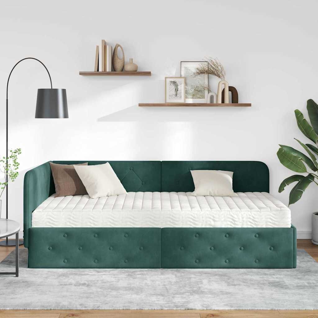 vidaXL Corner Bed Frame with Mattress, Dark Green, 90 x 200 cm, Velvet (1-piece)
