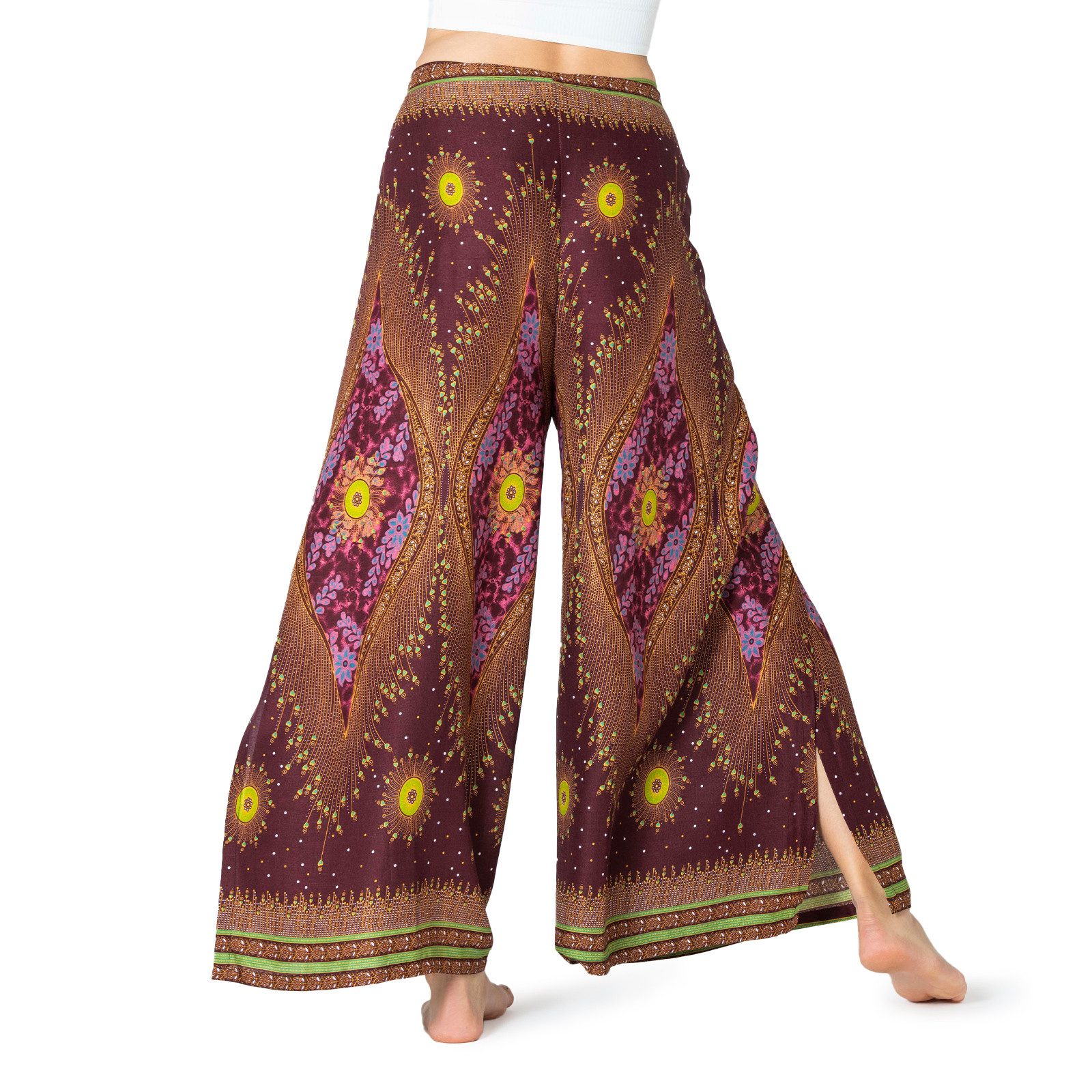 PANASIAM Palazzohose Sunshine Pants Wickelhose aus natürlicher Viskose Palazzohose im Peacock Design langer Boho Hosenrock Haremshose Pareo Hose