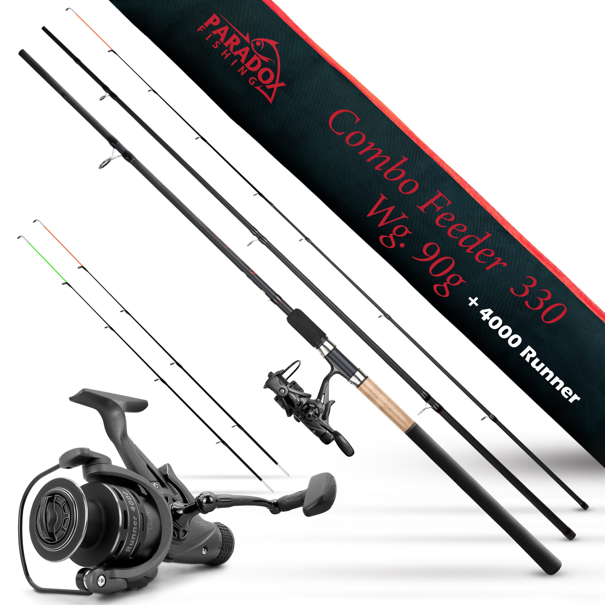 Paradox Fishing Feederrute Combo Feeder, (Rute + Rolle), 3,3m/3,6m, 90g/120g, 3 Wechselspitzen