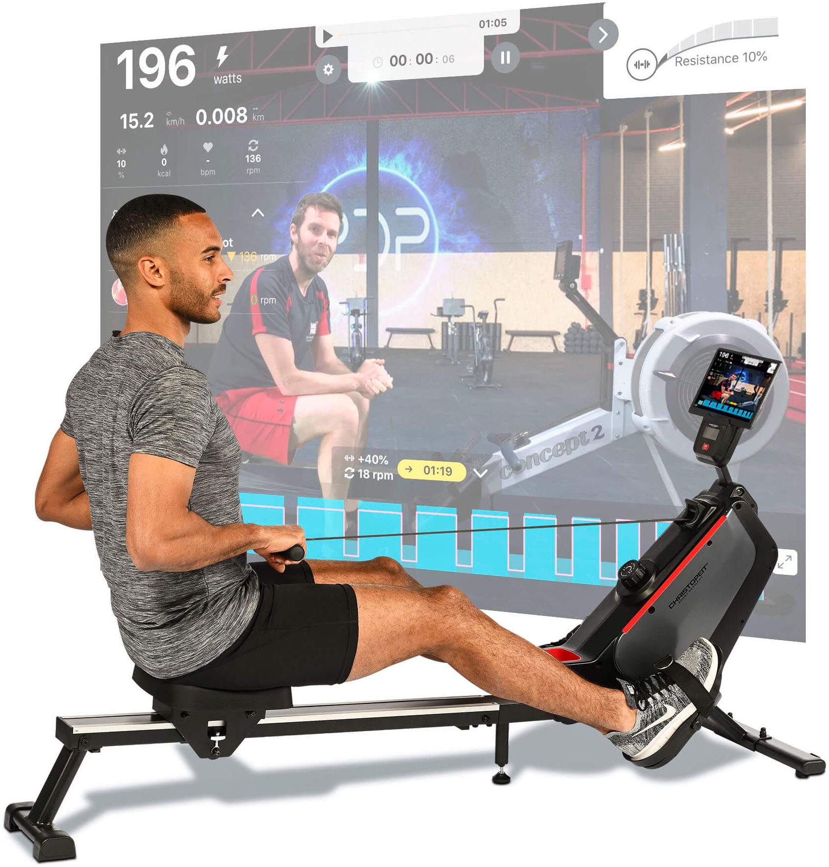 Christopeit Sport® Rudergerät RW 1000 (Bluetooth Verbindung für optionalen BT-Pulsgurt, Sport), Rudermaschine, 120 kg max. Benutzergewicht