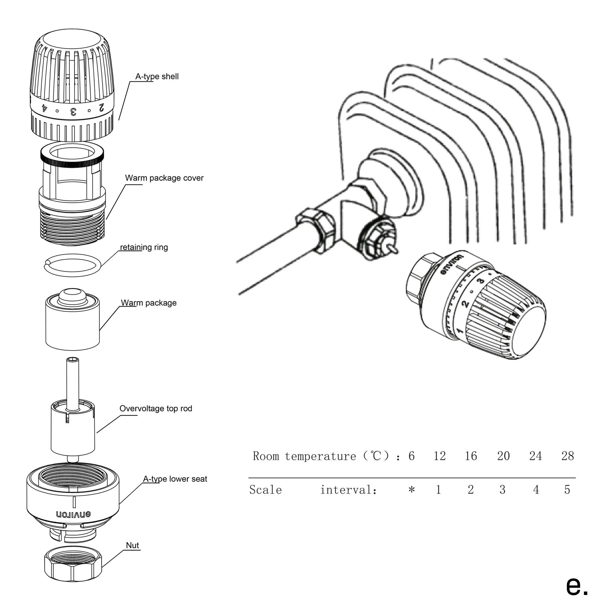 Environ Heizkörperthermostat Thermostatkopf Universal 7-28°C 1-5, Flüssig-Fühler M30 x 1,5 weiß mit