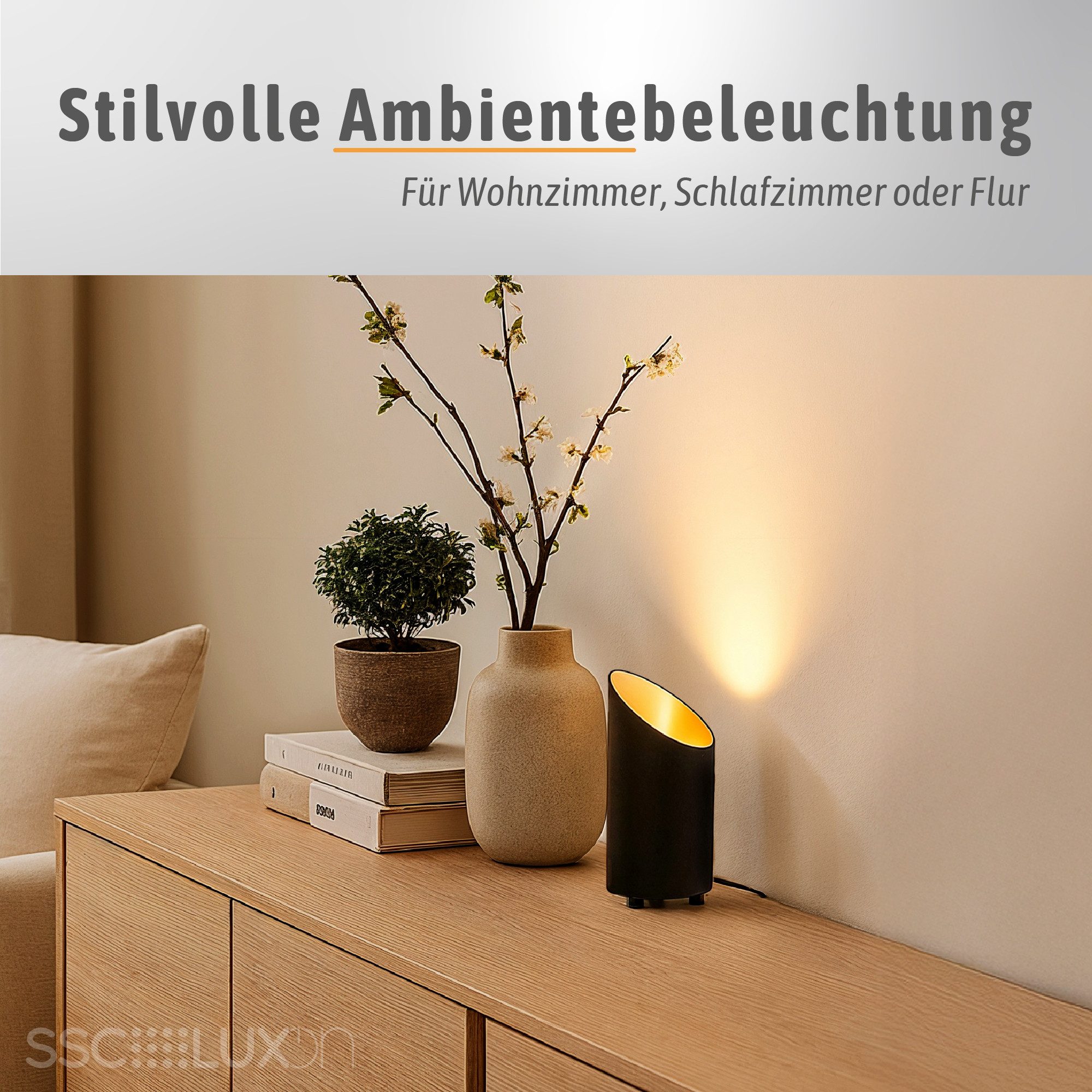 SSC-LUXon LED Spiegelleuchte Bodenlampe AUREVA Uplight mit LED GU10 fourSTEP 5W warmweiß Tischlampe, Warmweiß