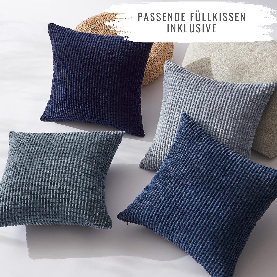 Interior by Hakito Dekokissen 4er Set Kissenbezüge inklusive Füllkissen Set Sven Kordsamt weich, Kissenhülle mit Füllung