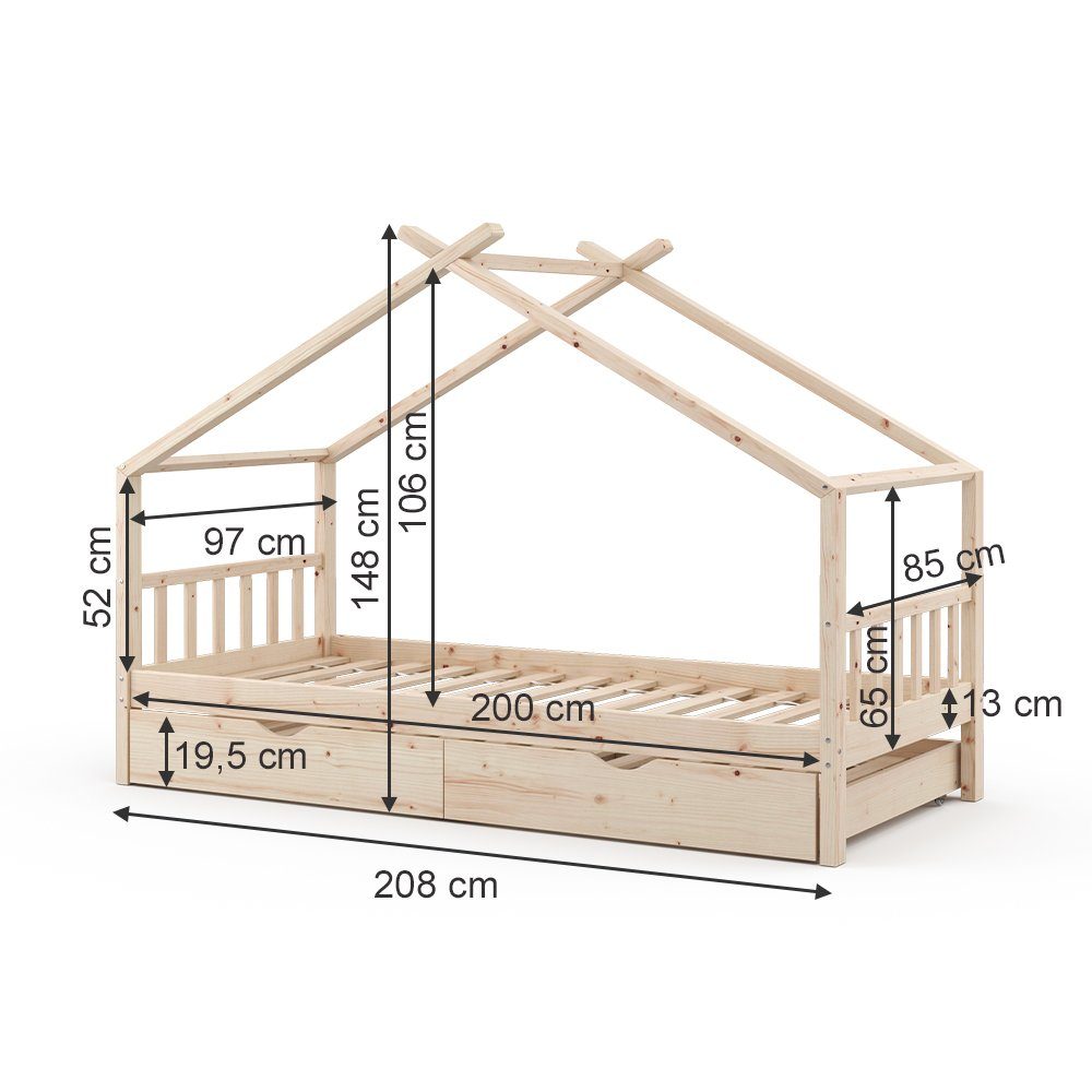 VitaliSpa® Hausbett Design, Naturholz, 90x200 cm mit Gästebett und Matratze (2-tlg)