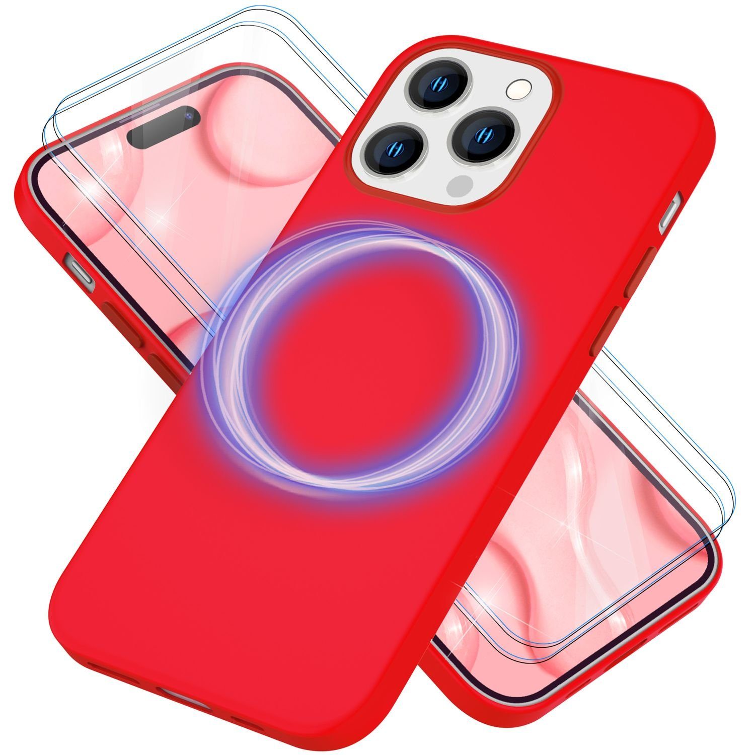 Nalia Smartphone-Hülle Apple iPhone 14 Pro 15,5 cm (6,1 Zoll), Liquid Silikon Hülle / MagSafe Funktion / 2x Schutzglas / Anti-Schmutz