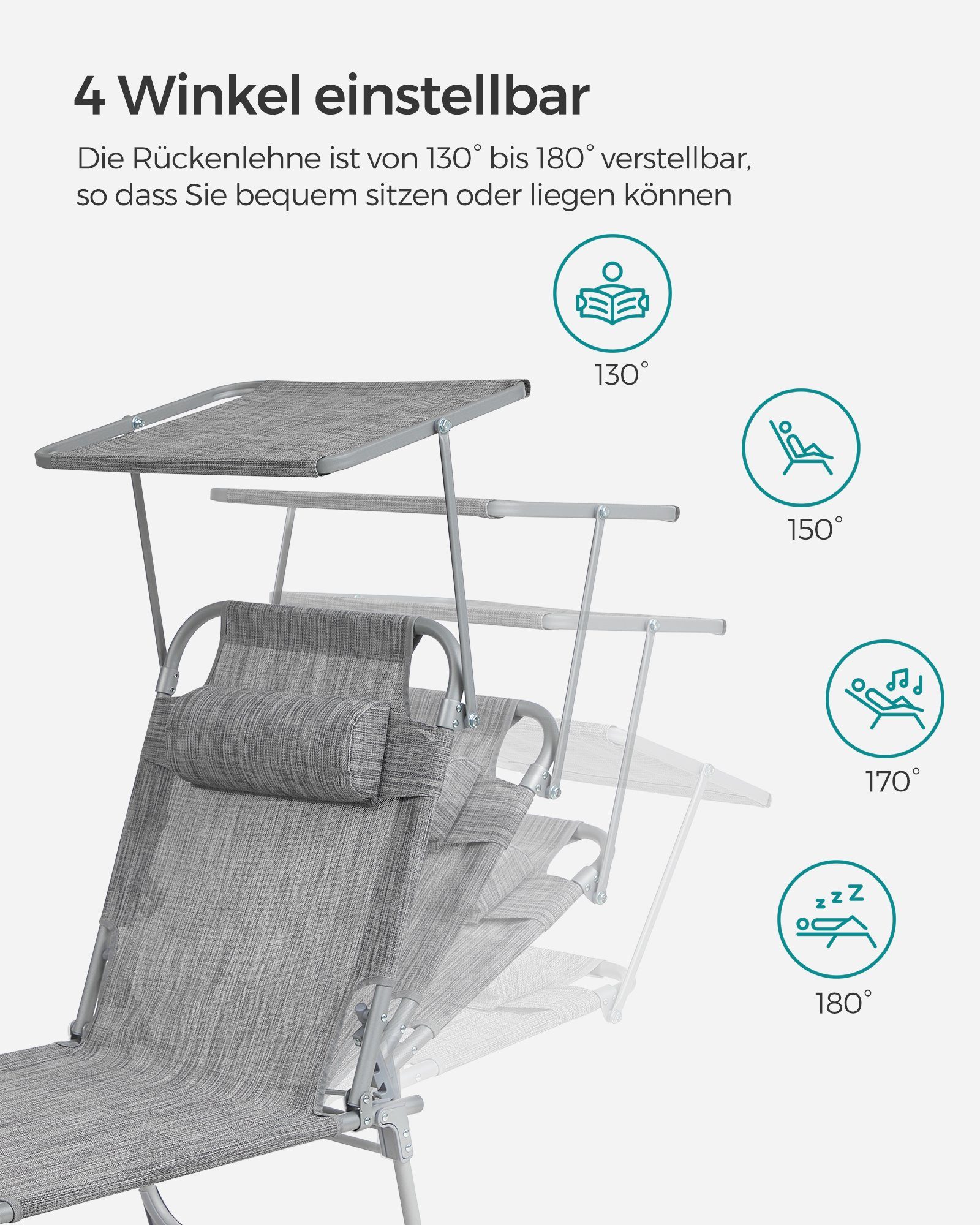 SONGMICS Gartenliege Sonnenliege, klappbarer Liegestuhl, für Garten, Pool, Terrasse, 1 St., bis 150 kg belastbar, 193 x 53 x 29 cm, Sonnenschutz, Kopfstütze, verstellbare Rückenlehne