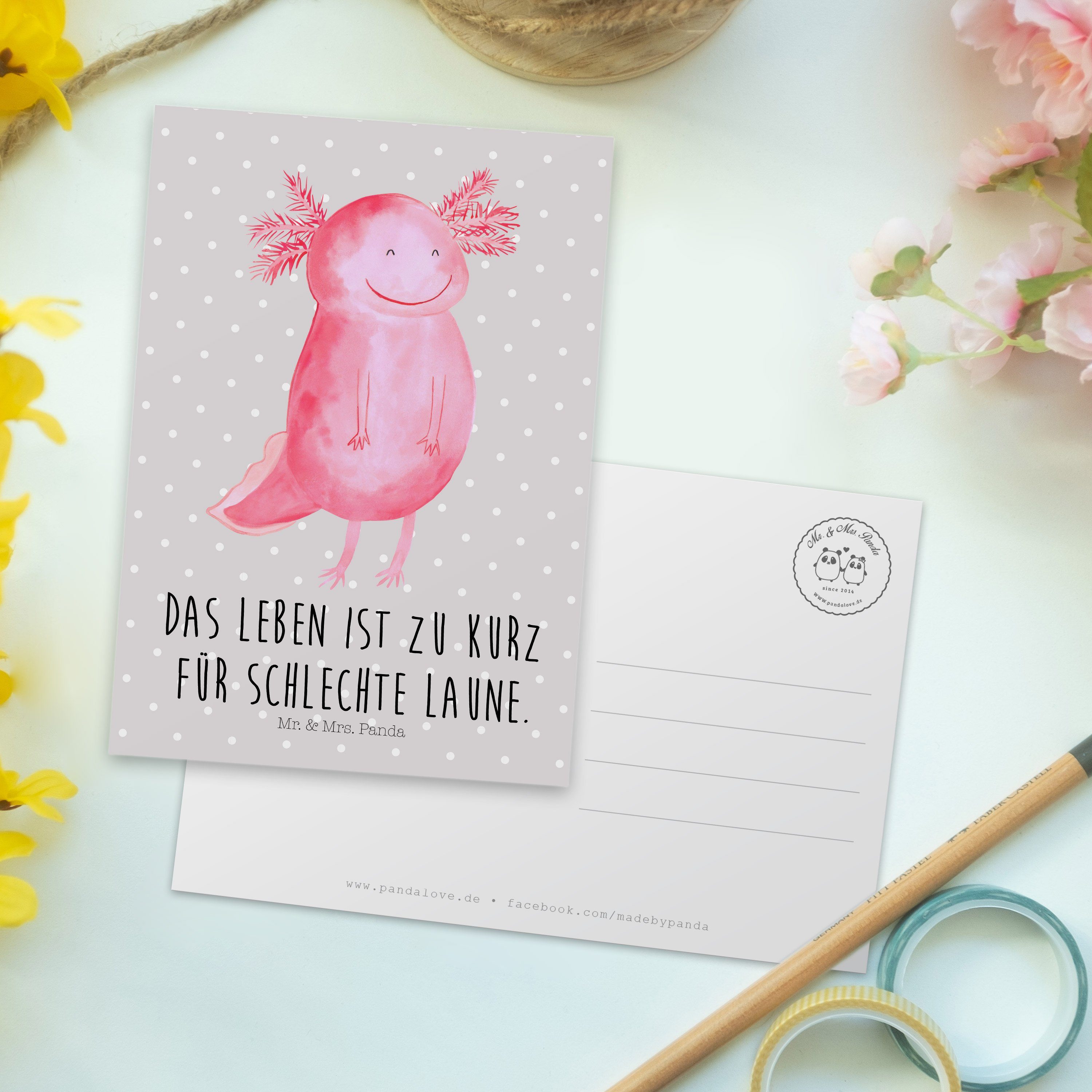 - Mr. Panda Mrs. Pastell Geburtstagskarte, Geschenk, glücklich Schwan - Grau Axolotl Postkarte &