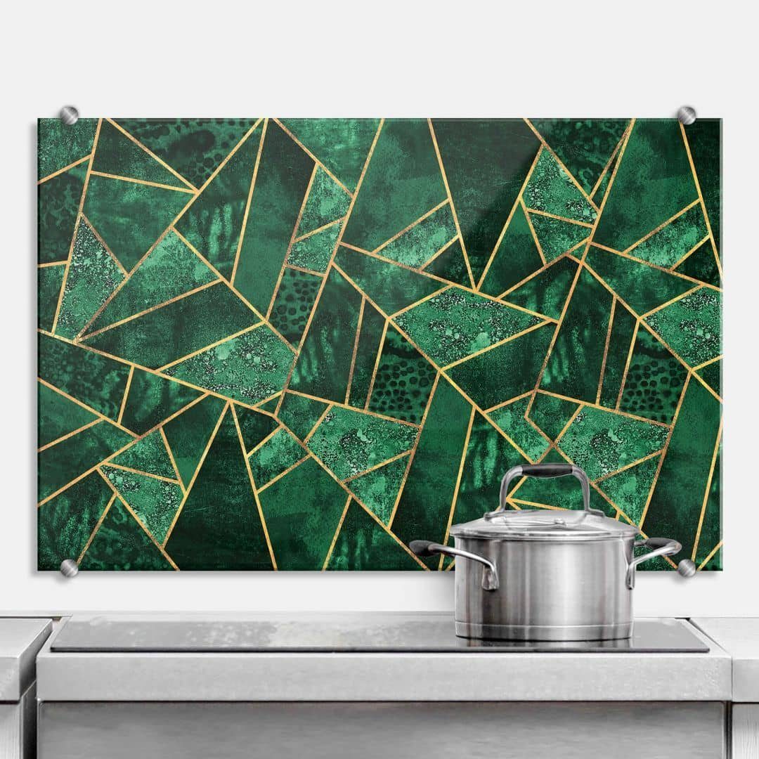 K&L Wall Art Gemälde Glas Spritzschutz Küchenrückwand Grün Gold Smaragd Abstrakt, Wandschutz inkl Montagematerial