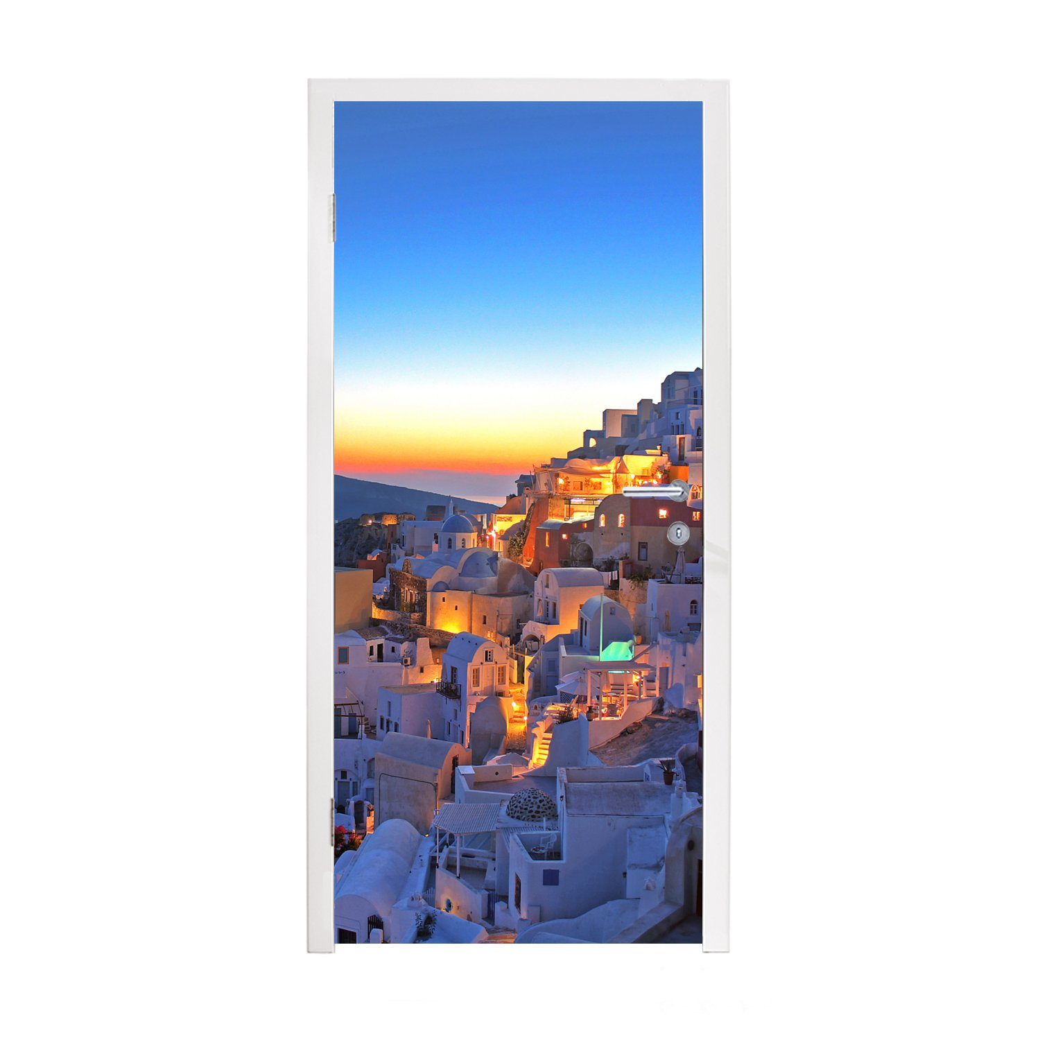 MuchoWow Türtapete Oia Santorini mit farbenprächtigem Sonnenuntergang in Griechenland, Matt, bedruckt, (1 St), Fototapete für Tür, Türaufkleber, 75x205 cm | Türtapeten