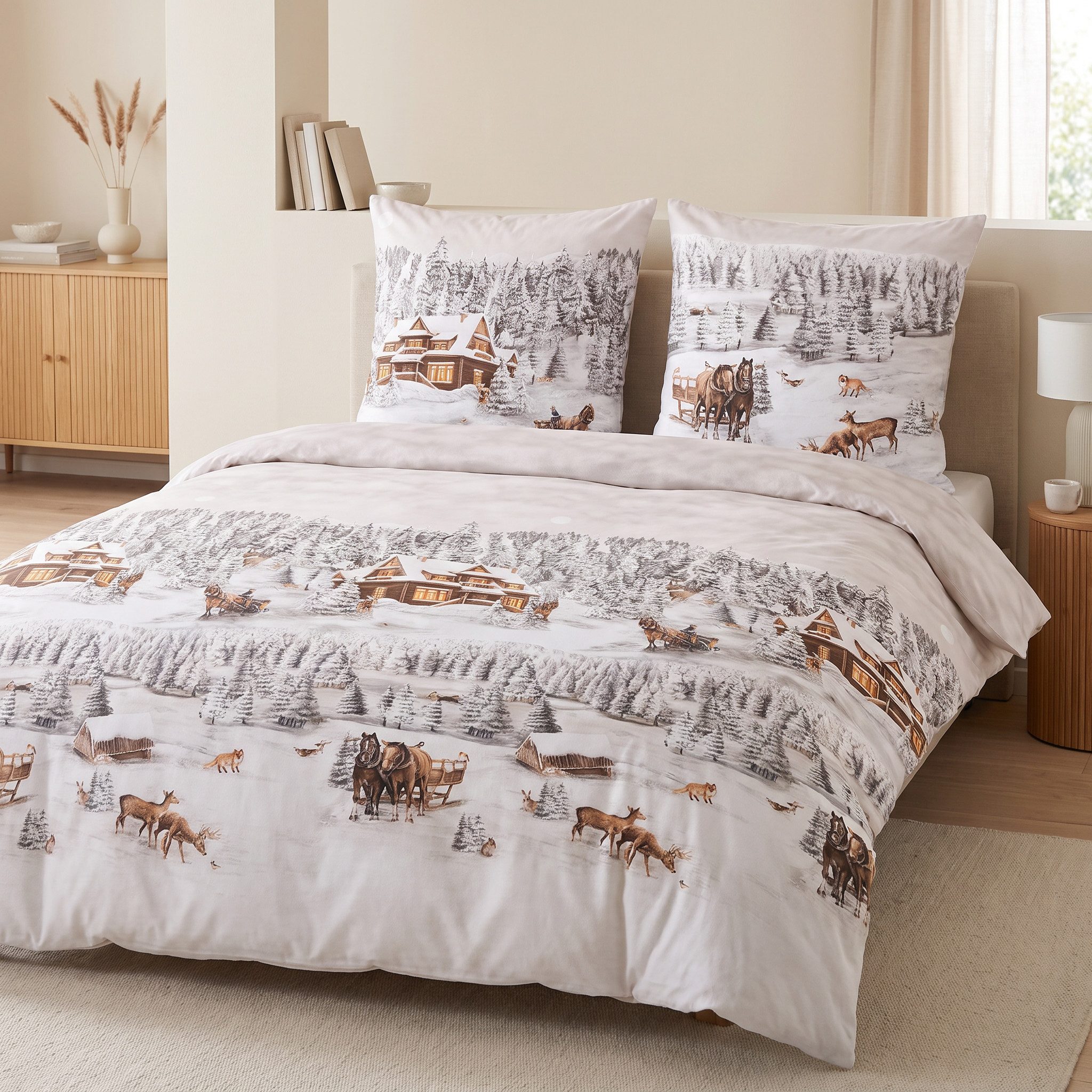 LINKHOFF Bettwäsche Biber Bettwäsche 135x200 + 80x80 cm 2tlg. – Wintermotiv Schneeweiß, 100% Baumwolle – Weihnachtsbettwäsche Feinbiber mit Reißverschluss