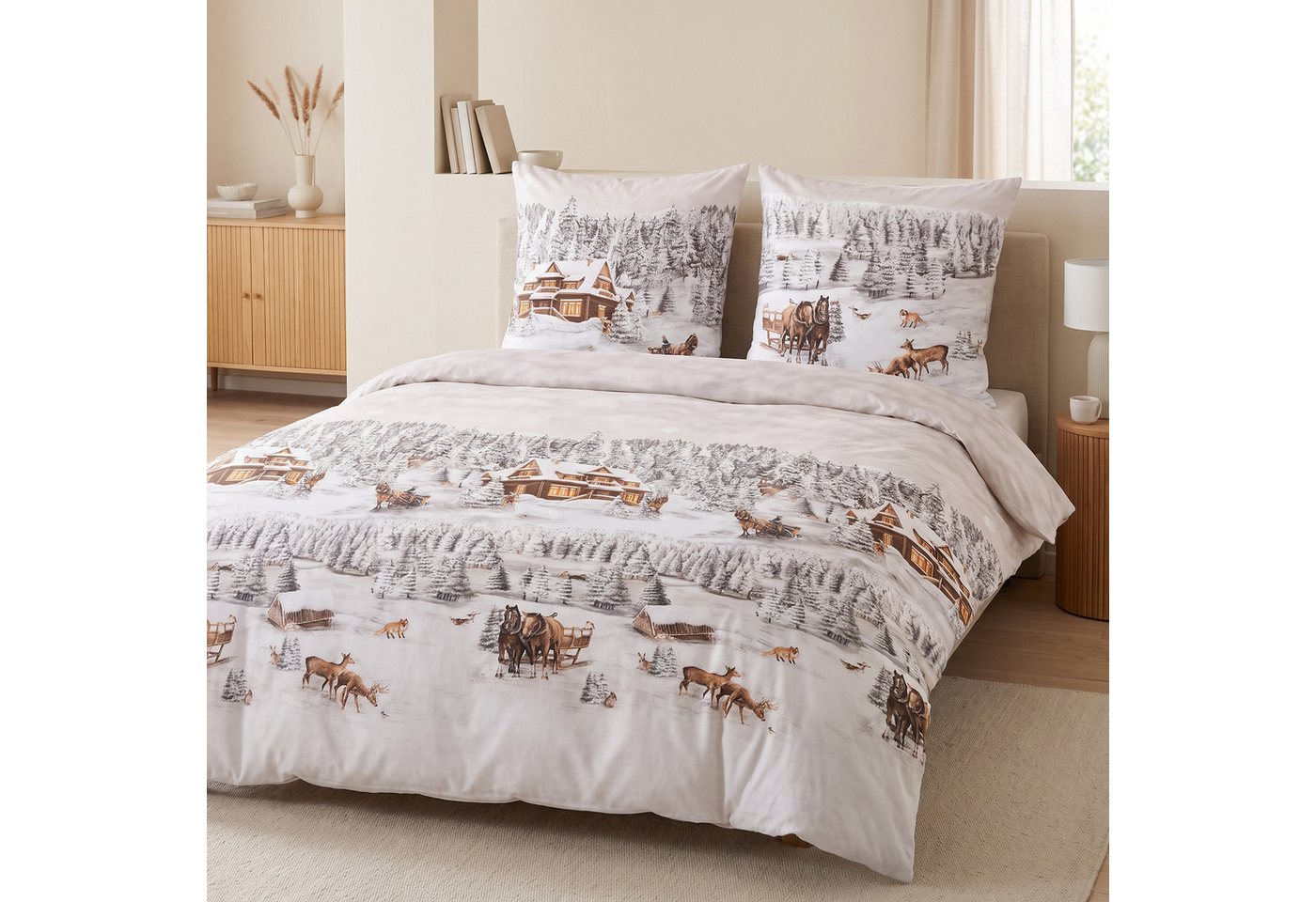 LINKHOFF Bettwäsche Biber Bettwäsche 135x200 + 80x80 cm 2tlg. – Wintermotiv Schneeweiß, 100% Baumwolle – Weihnachtsbettwäsche Feinbiber mit Reißverschluss