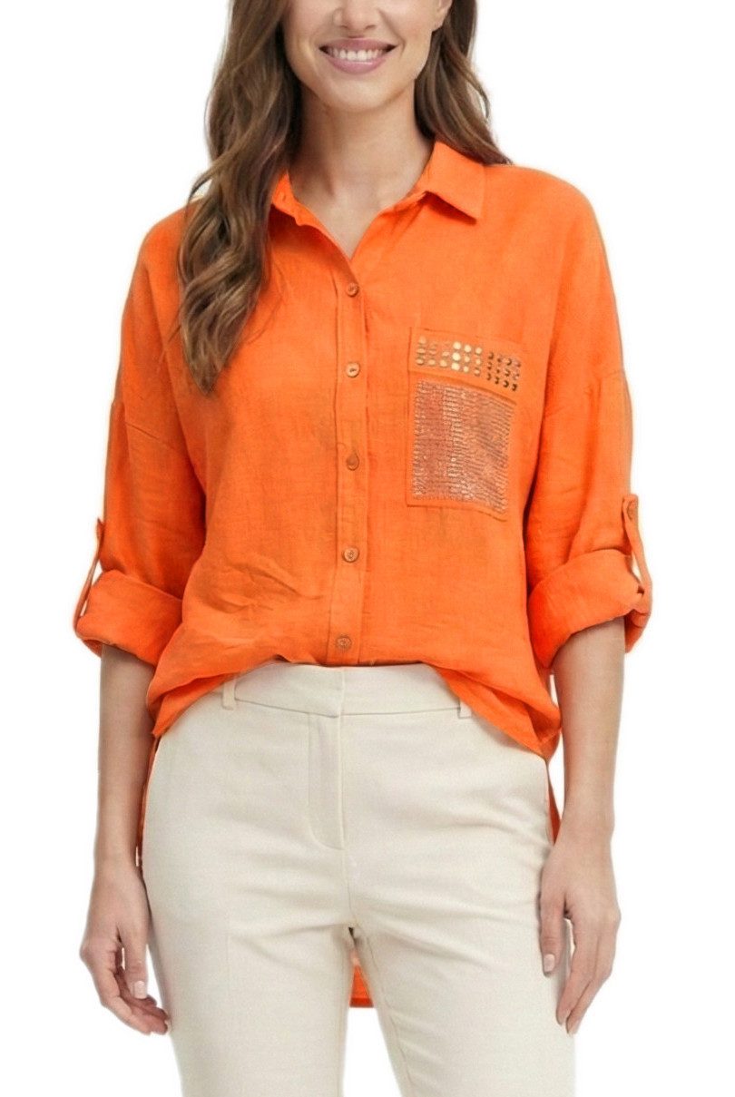 dy_mode Tunika Damenbluse Tunika Elegante Longbluse im Vokuhila-Stil mit Knopfleiste, in Unifarben, mit Glitzer-Details