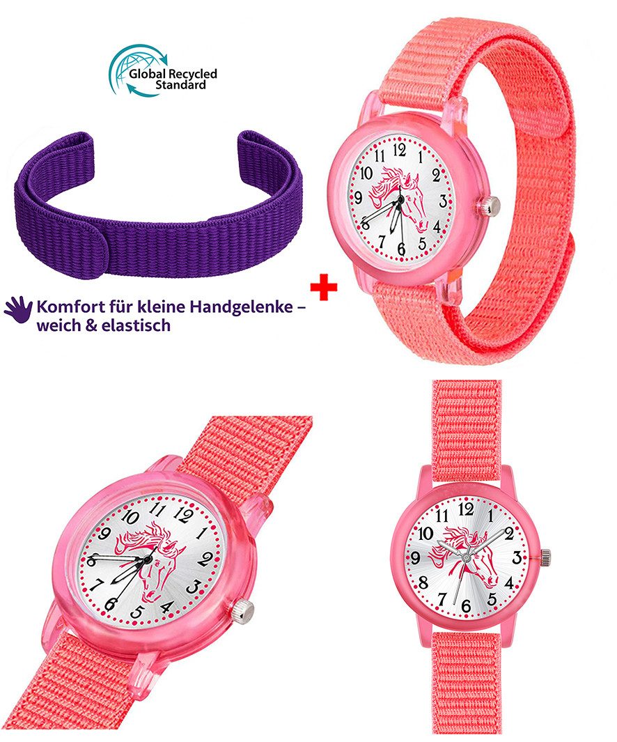 Brecjon Quarzuhr Kinder Armbanduhr Mädchen Pferd rosa GRS Klettarmband Leuchtzeiger, ideales Geschenk zur Einschulung für Pferdefans im Set oder einzeln