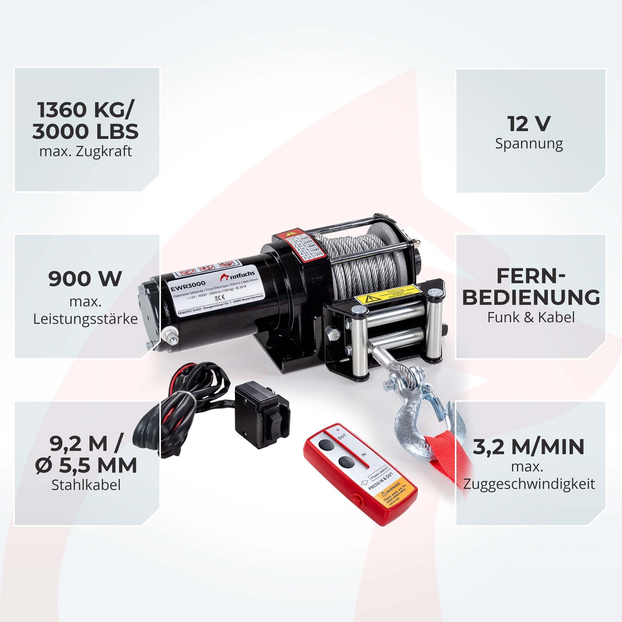 Rotfuchs Seilwinde, 1360 kg / 3000lbs Offroad Motorwinde Seilzug Elektrowinde, Schwarz