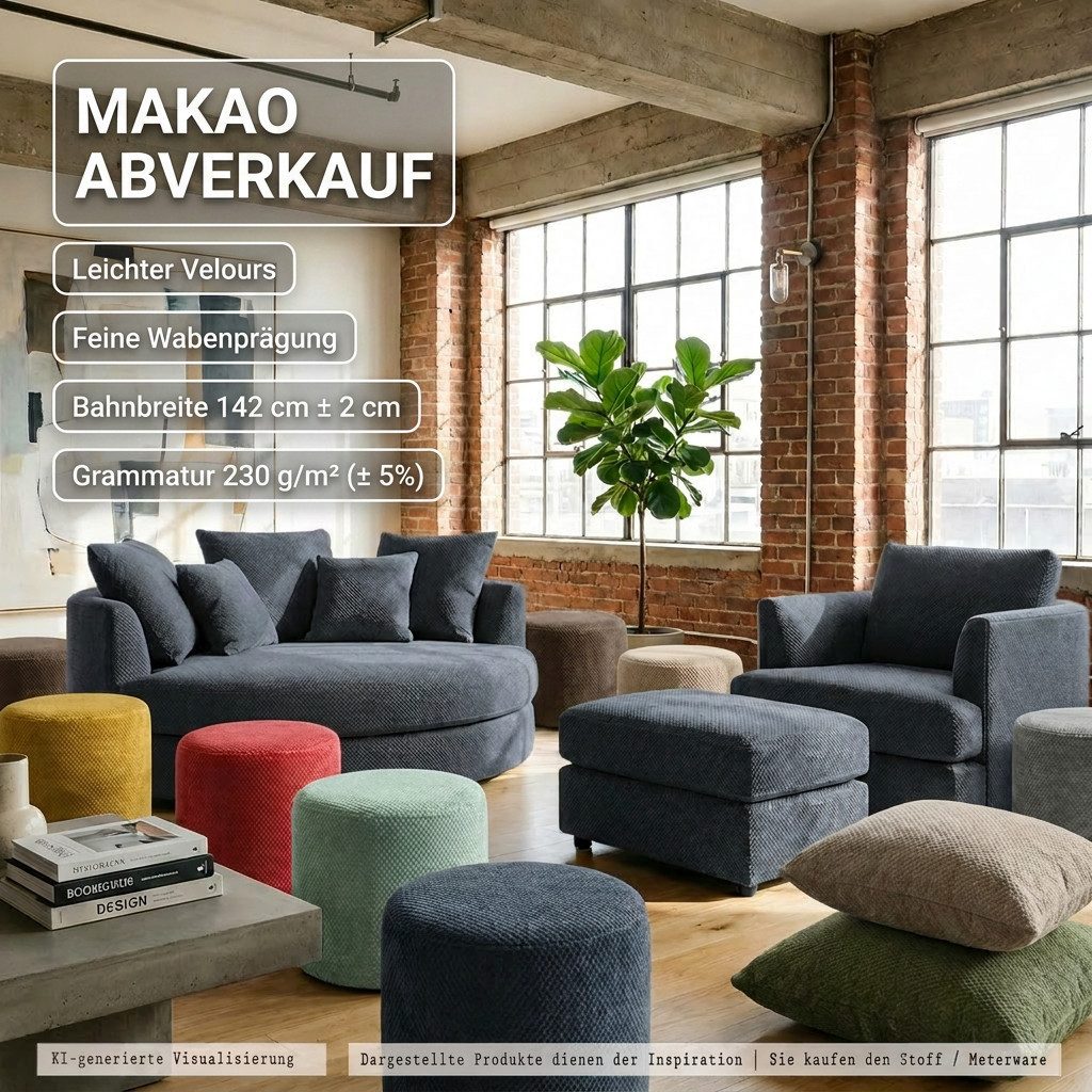 novely® Stoff MAKAO Abverkauf, Leichter Velours-Möbelstoff Feine Wabenprägung 1lfm, Strapazierfähig, Kuschelweich, Meterware, 1lfm