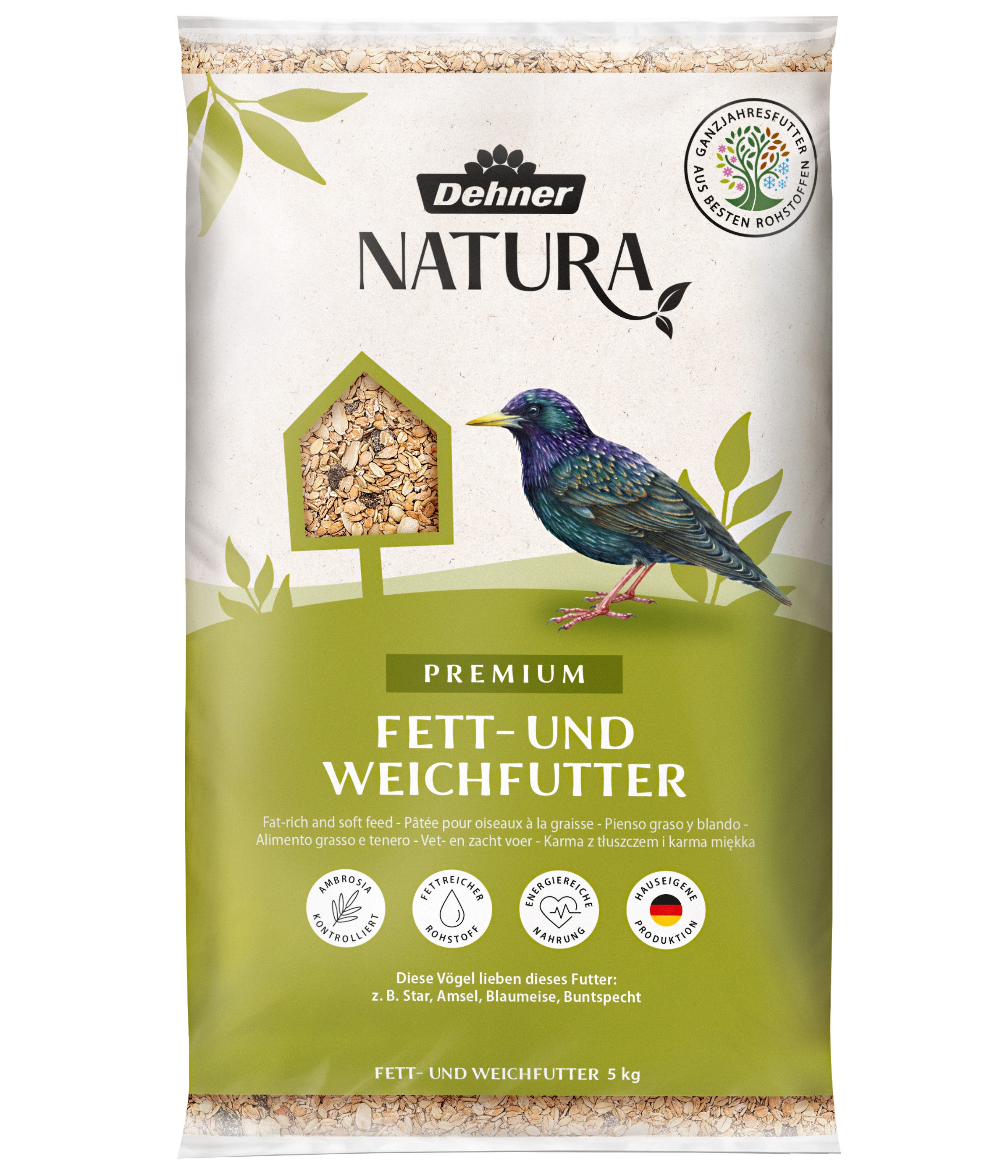 Dehner Natura Premium Wildvogel Fett- und Weichfutter, Hauptfutter für: Gartenvögel, Wildvogel, Energie-Boost für Amsel, Blaumeise, Buntspecht