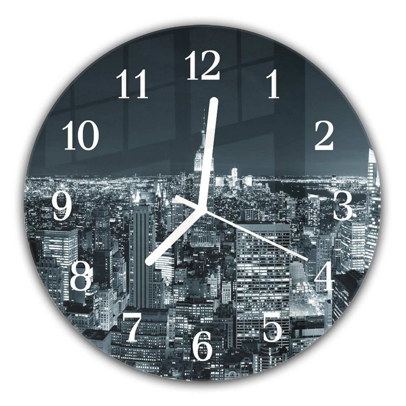 Primedeco Wanduhr Wanduhr aus Glas Quarzuhrwerk 30 bei mit Skyline - mit Motiv Rund Nacht Durchmesser und cm